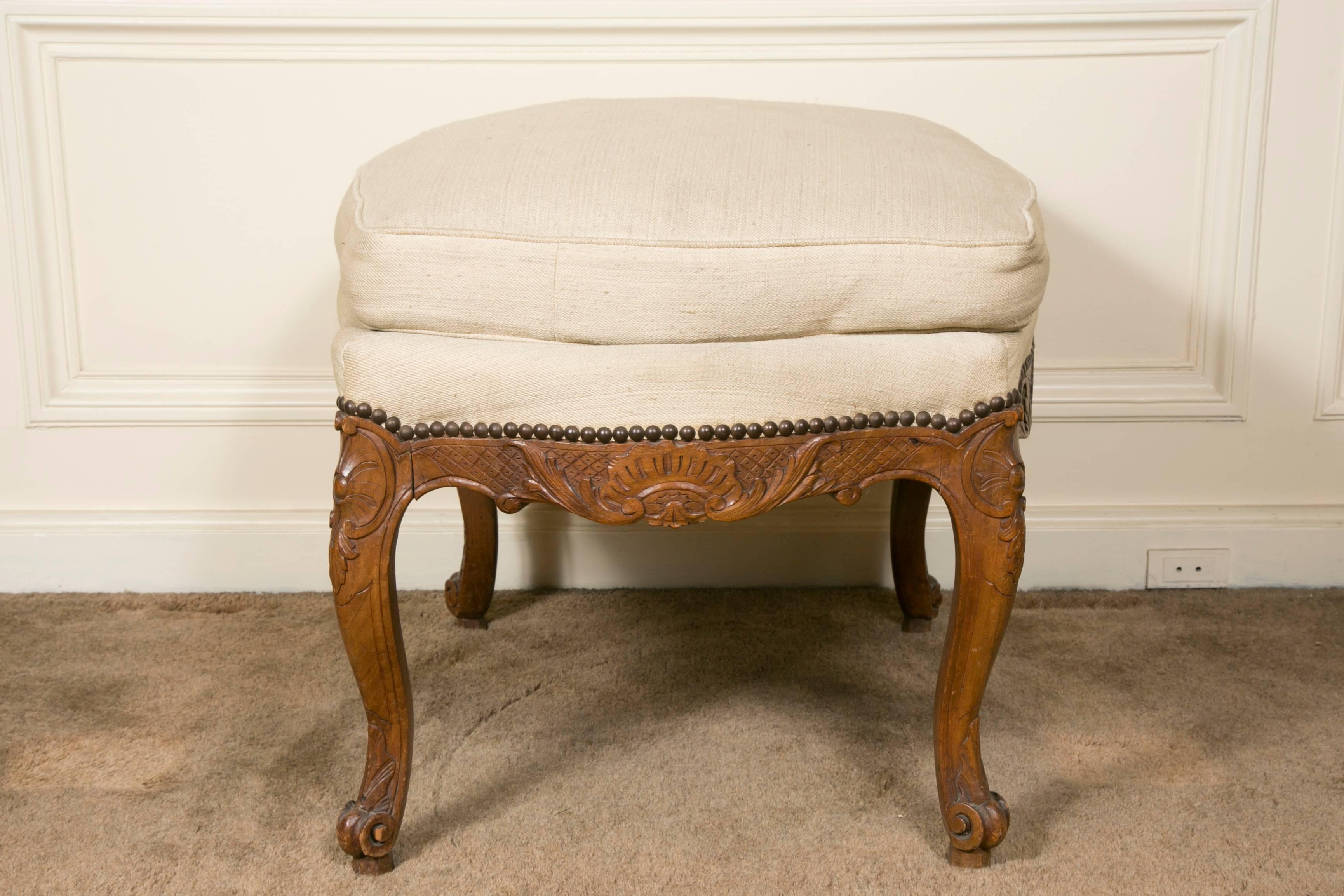 Carved 19th Century French Regence Style Wood Stool with Cushion