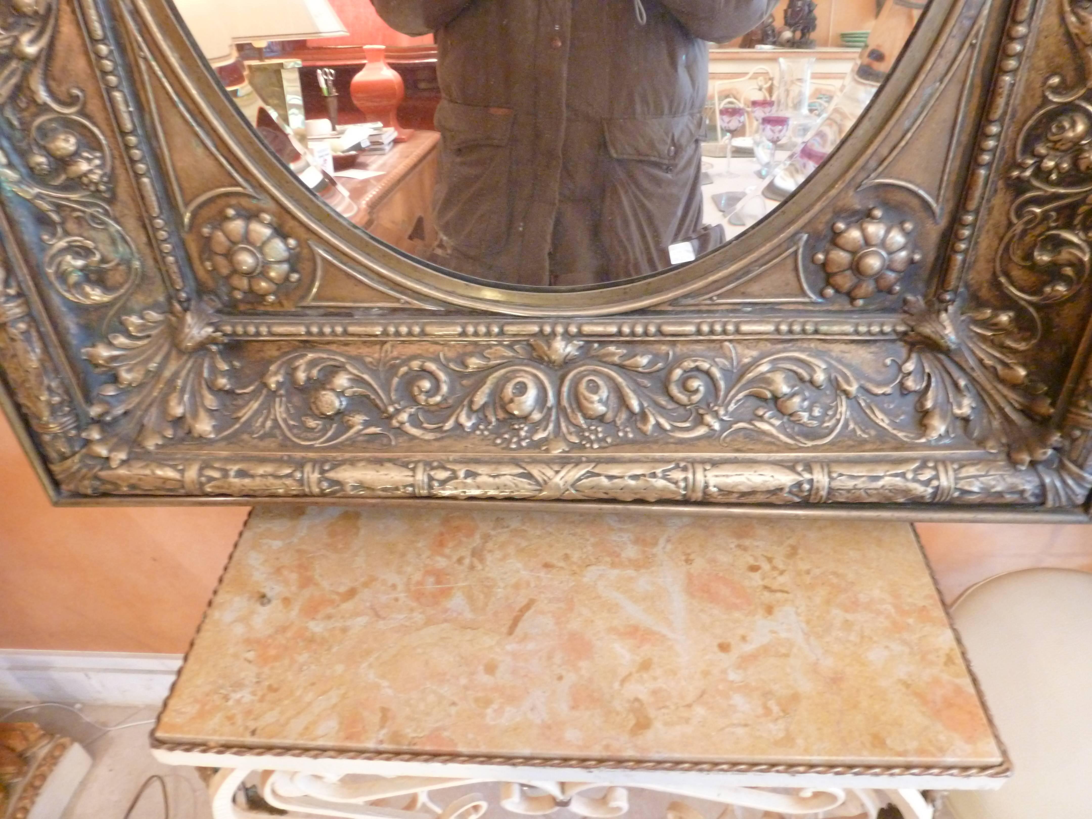French Provincial Dinandry Metalwork Brass Frame Mirror, 19th Century For Sale