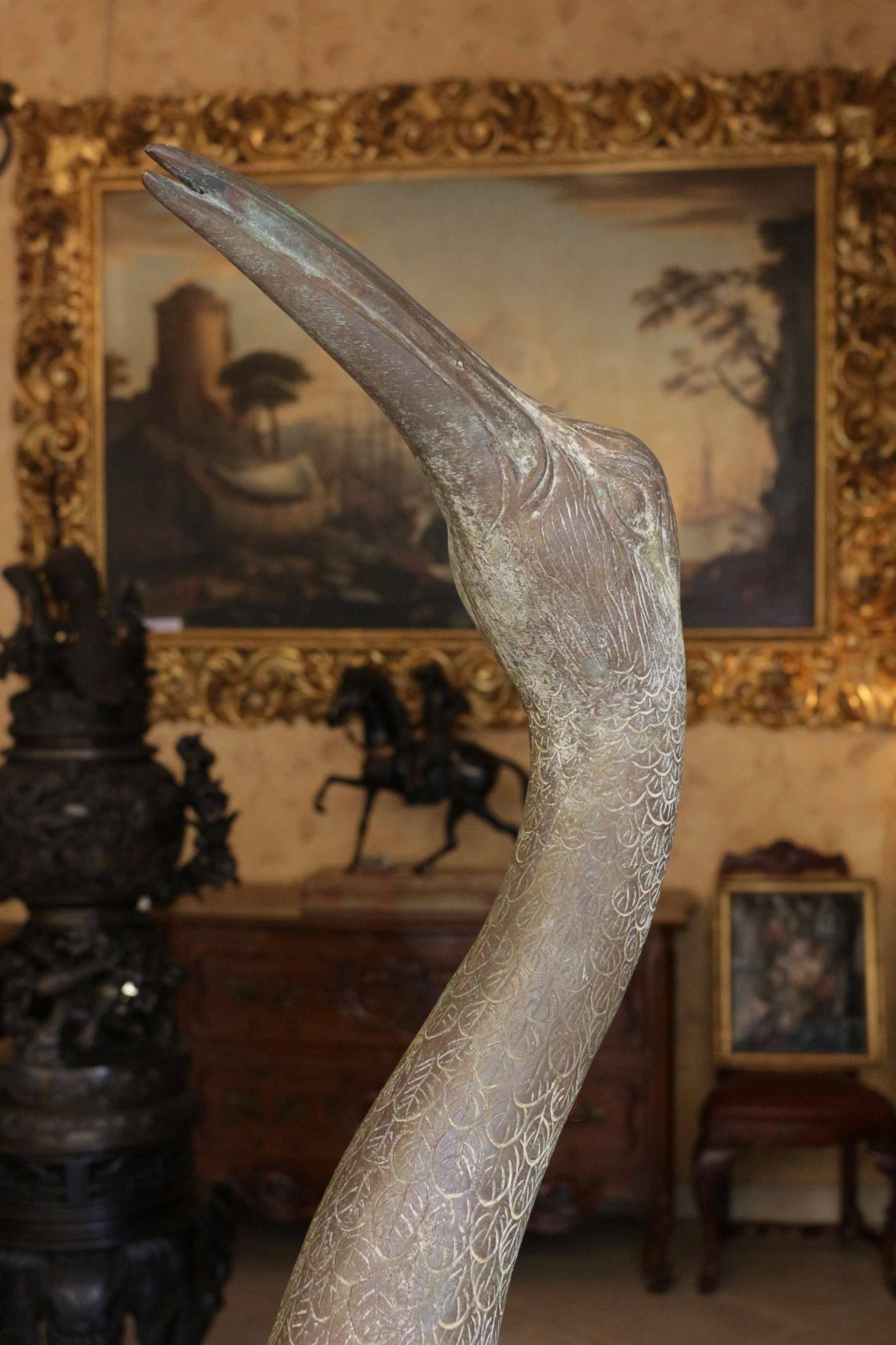 Chinoiserie Pair of Chinese Bronze Cranes
