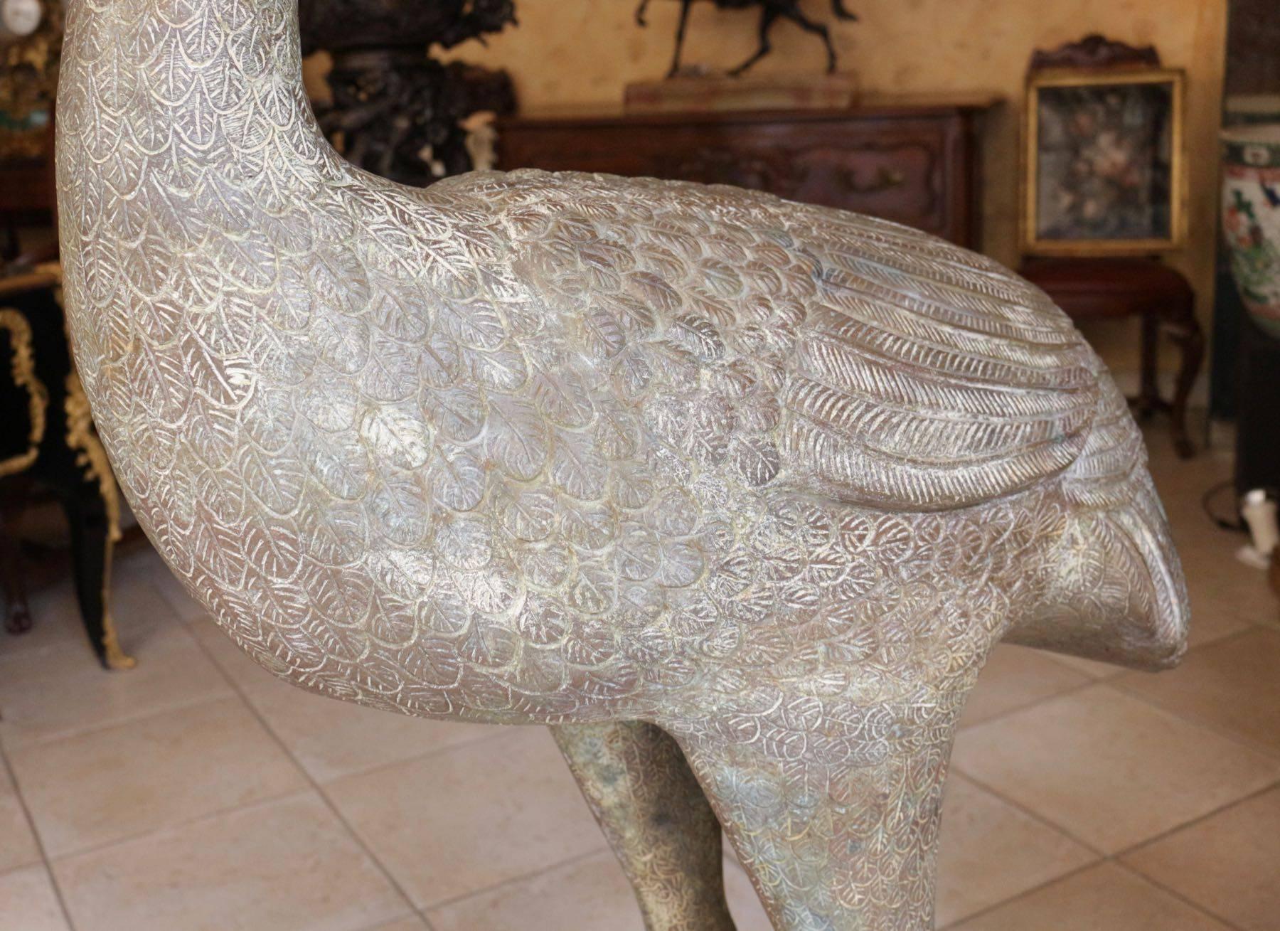 Etched Pair of Chinese Bronze Cranes
