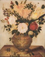 Spanish 17th Century Pretty Flowers Bouquet on a Vase, Painted on Marble