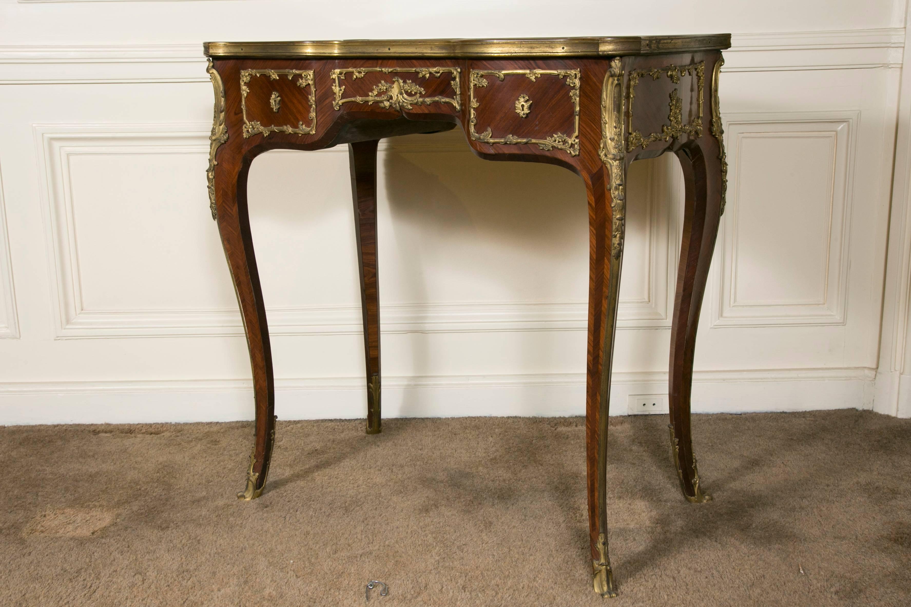 Gilt French Kingwood Marquetry and Ormolu Mounted LXV Style Table Signed Raulin For Sale