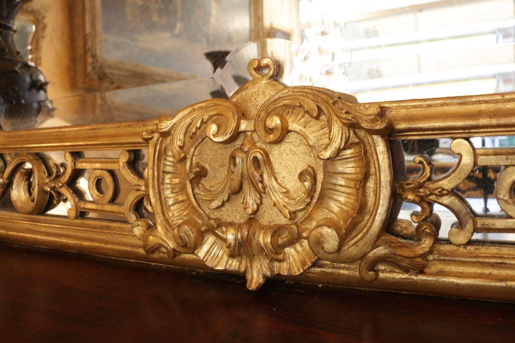 Wood Fine and Large French 19th Century Giltwood Carved Mirror