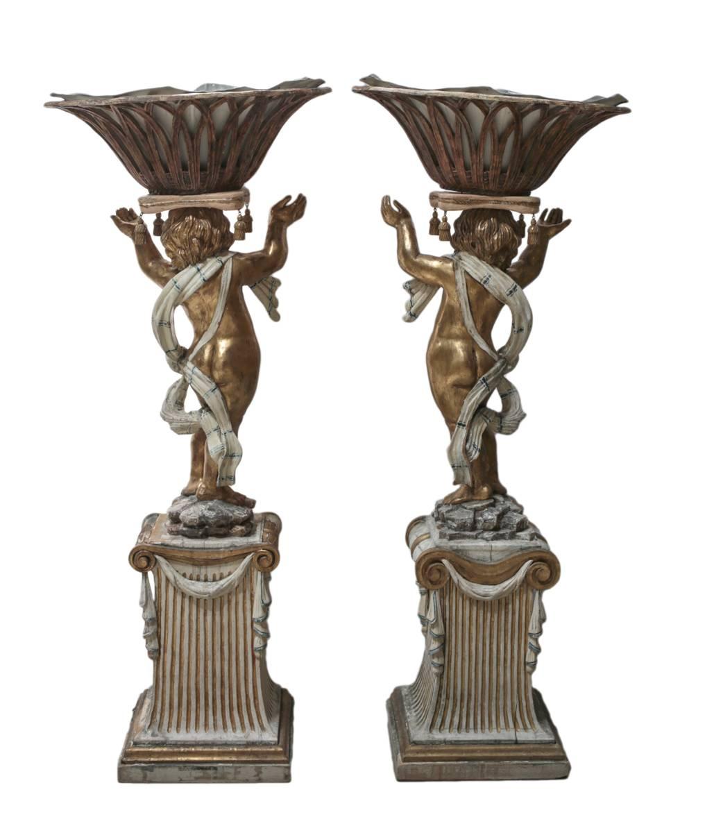 18th Century Italian Carved Wood Figural Putti Pedestal Planters For Sale 1