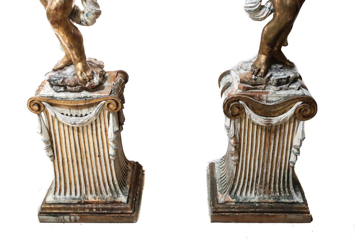 18th Century Italian Carved Wood Figural Putti Pedestal Planters For Sale 2