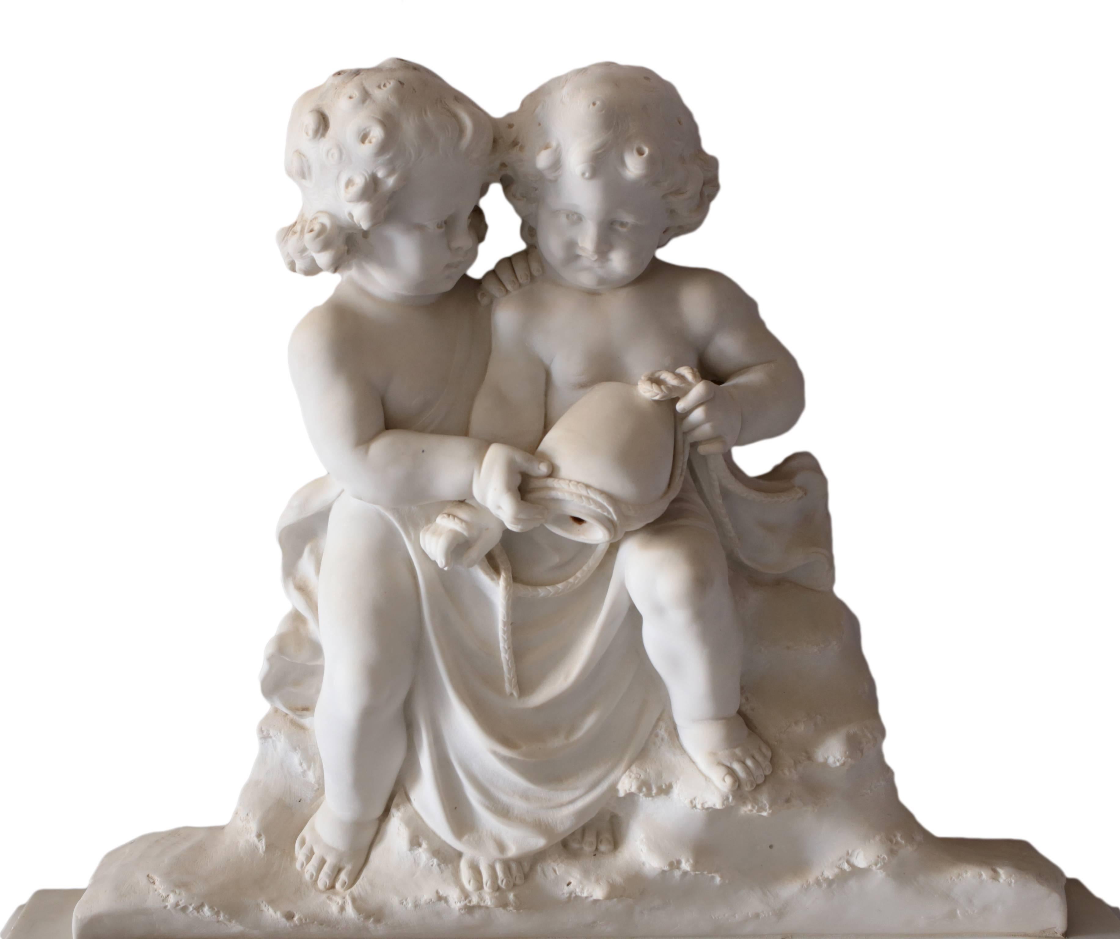 A 19th century Italian white marble fountain in the classical manner featuring a putti elevating a basin lined with grapes and vines to the underside. Sitting atop the bowl are a pair of young children, emptying an urn which serves as the water