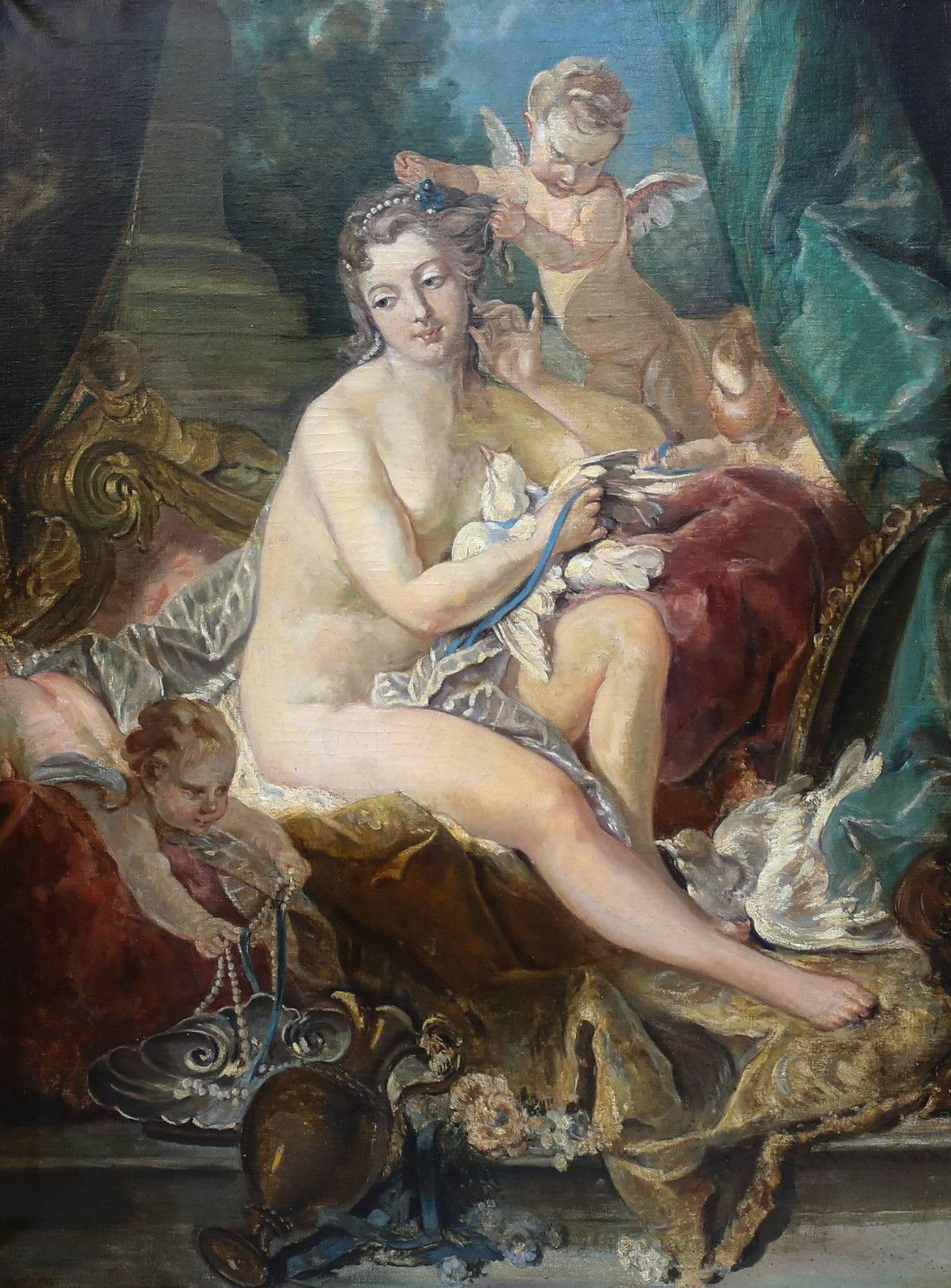 This incredible painting dates to the first half of the 19th century. It is a masterful recreation after the original famous work by Francois Boucher, French (1703-1770), currently on exhibit at the Metropolitan Museum of Art in New York.

Per the