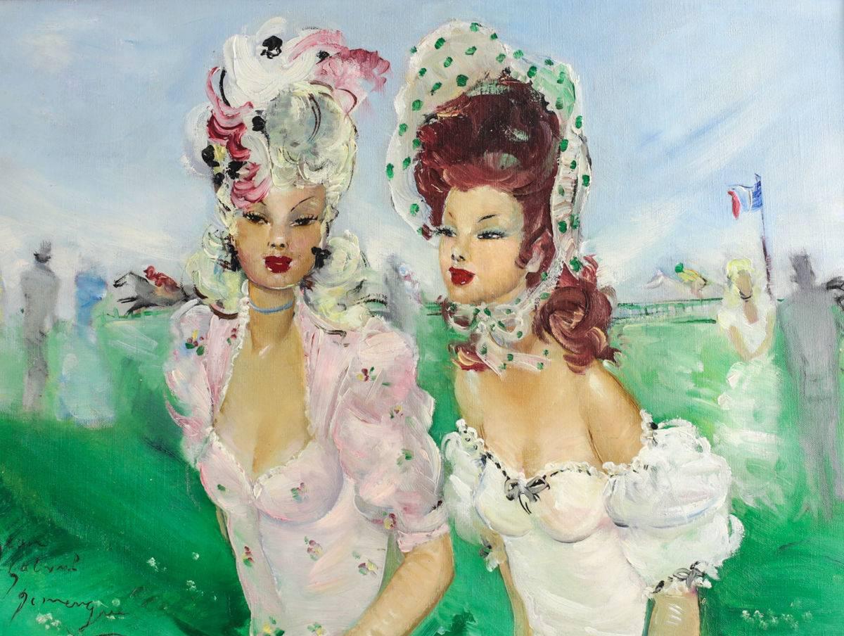 A lovely impressionistic oil on canvas painting by Jean-Gabriel Domergue (1889-1962) depicting a pair of beautiful young women in high fashion enjoying their day at the racetrack, each with typical Domergue sharply stylized facial