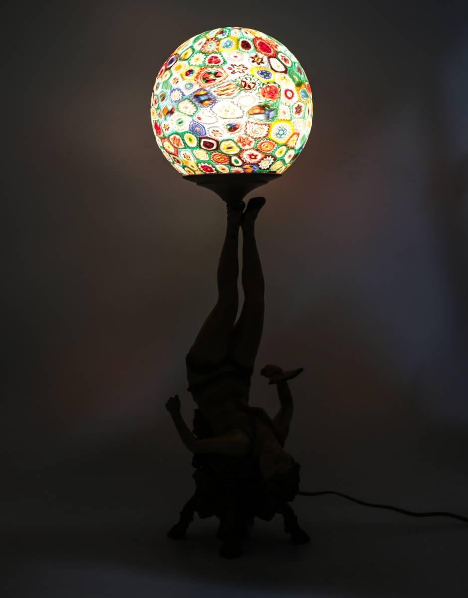 Early 20th Century Art Deco Polychrome Figural Burlesque Dancer Lamp with Millefiori Shade For Sale