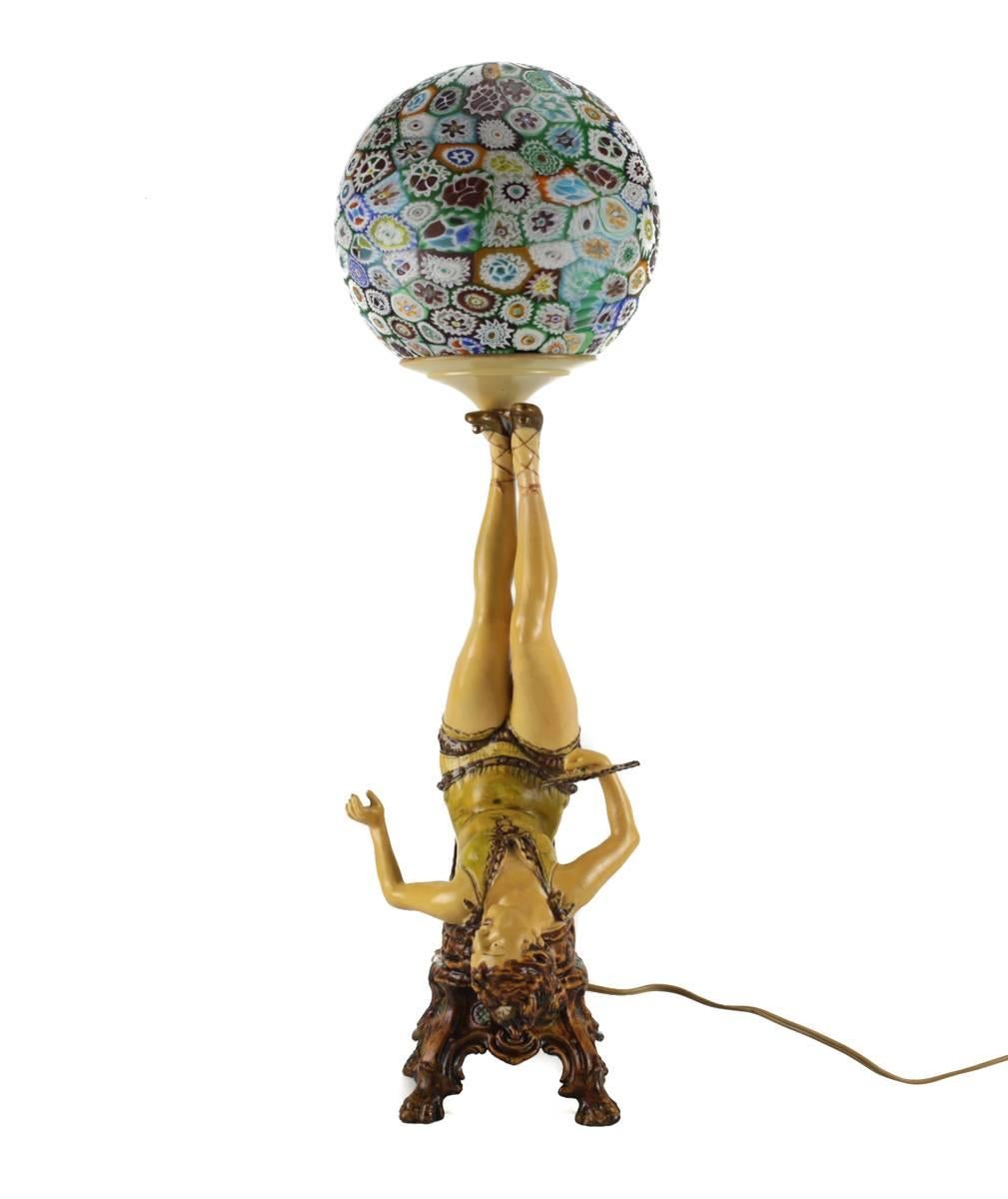 Italian Art Deco Polychrome Figural Burlesque Dancer Lamp with Millefiori Shade For Sale