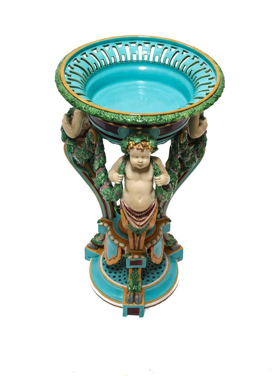 English 19th Century Minton Majolica Figural Pedestal Planter For Sale