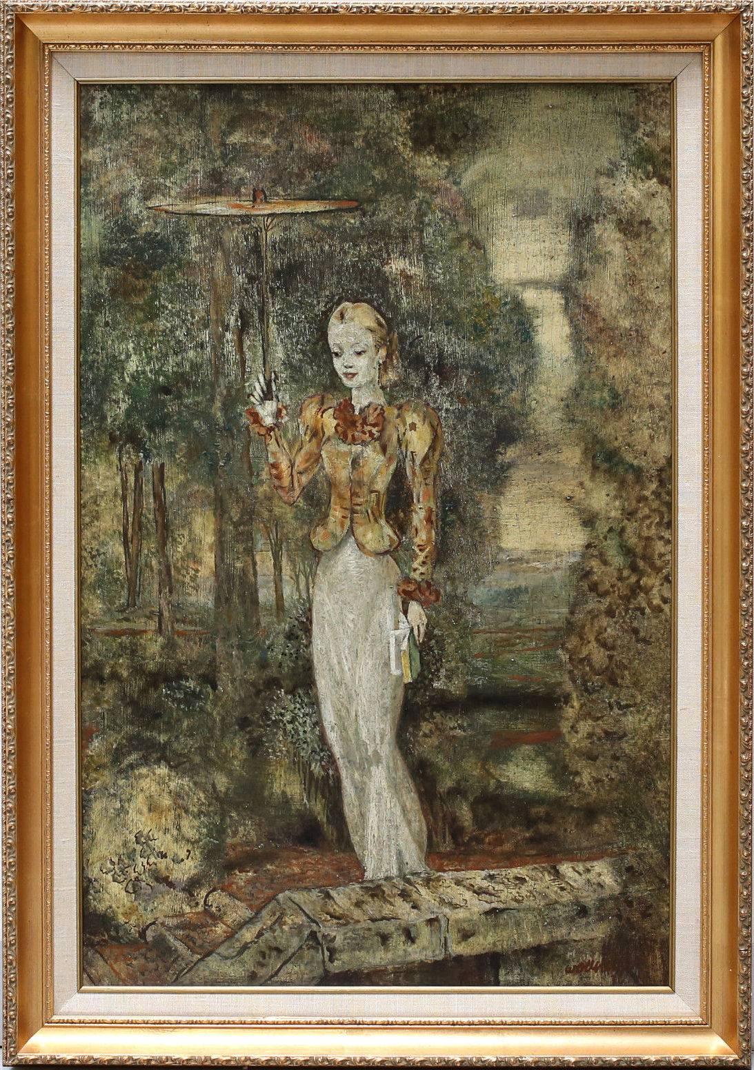 A striking oil on canvas of young lady spending a leisurely day in the park, umbrella raised high in one hand and a book clutched in the other, flaunting her figure in couture 1930s German dress.

Signed and dated lower right 
