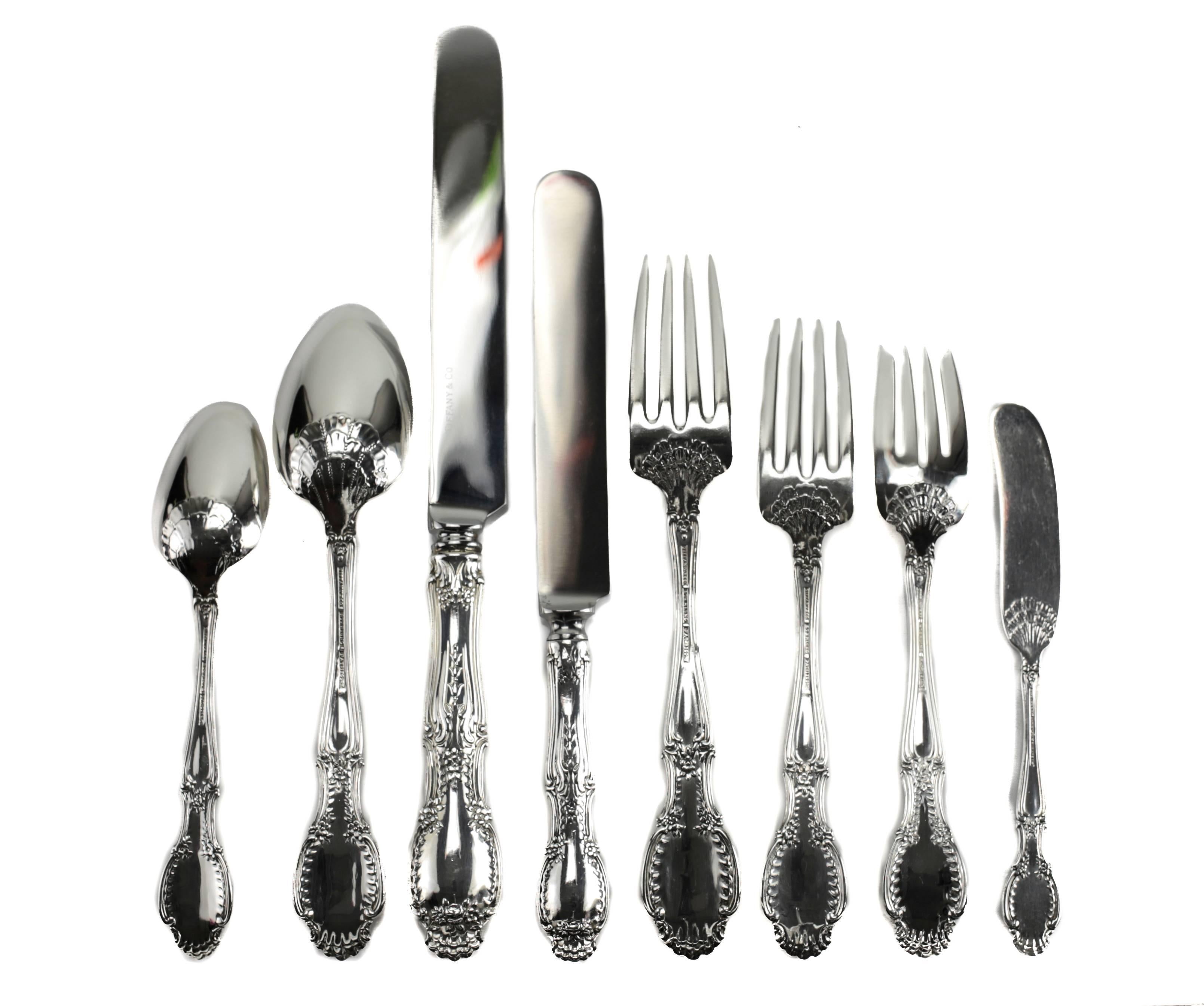 A very attractive 96 piece sterling silver flatware service in the Richelieu pattern by Tiffany & Co. The service consists of 12 of each: dinner knives, dessert knives, dinner forks, salad forks, dessert forks, fish forks, table spoons,