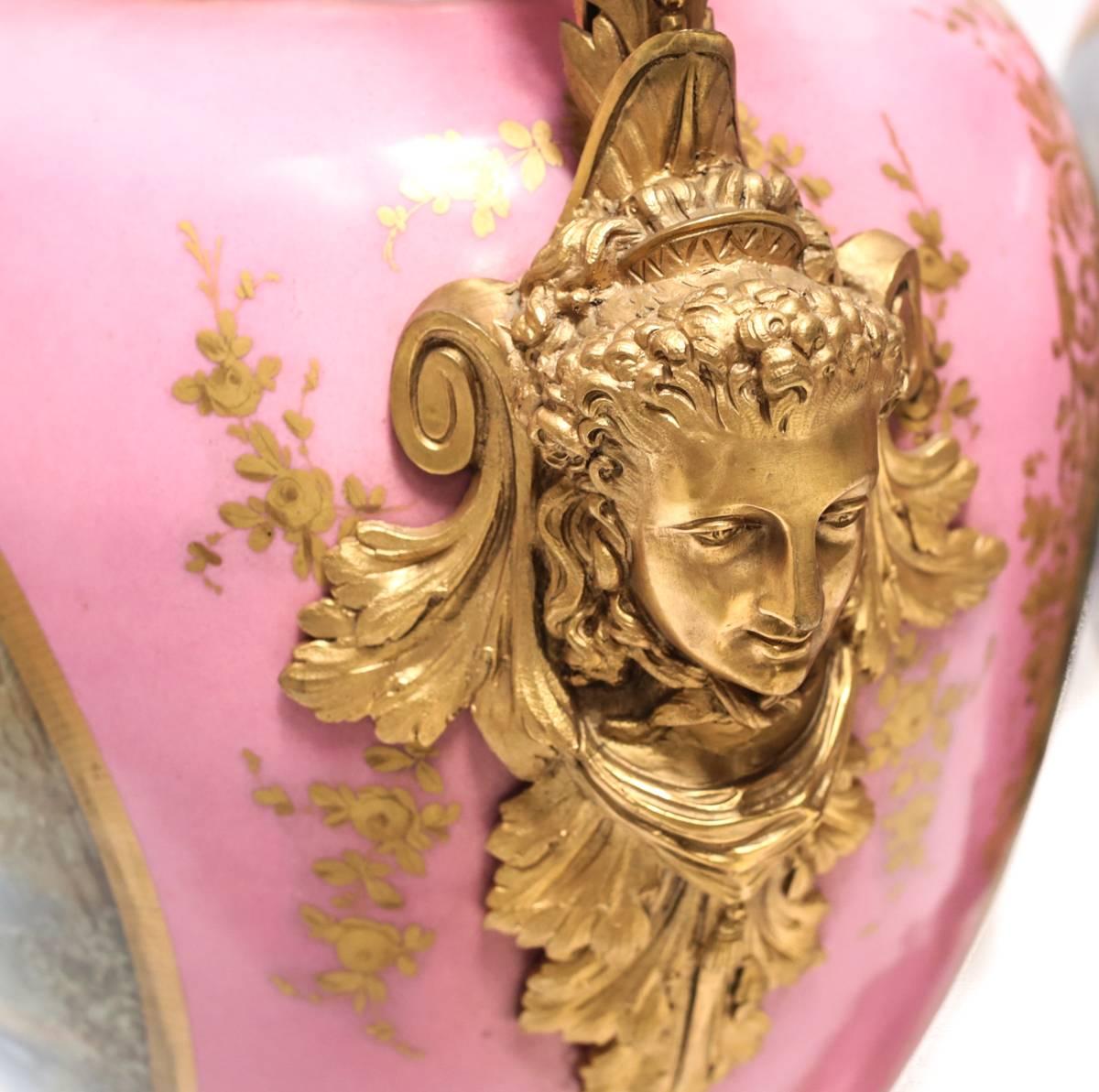 Gilt 19th Century Palatial Pair of Ormolu-Mounted Sevres Urns For Sale