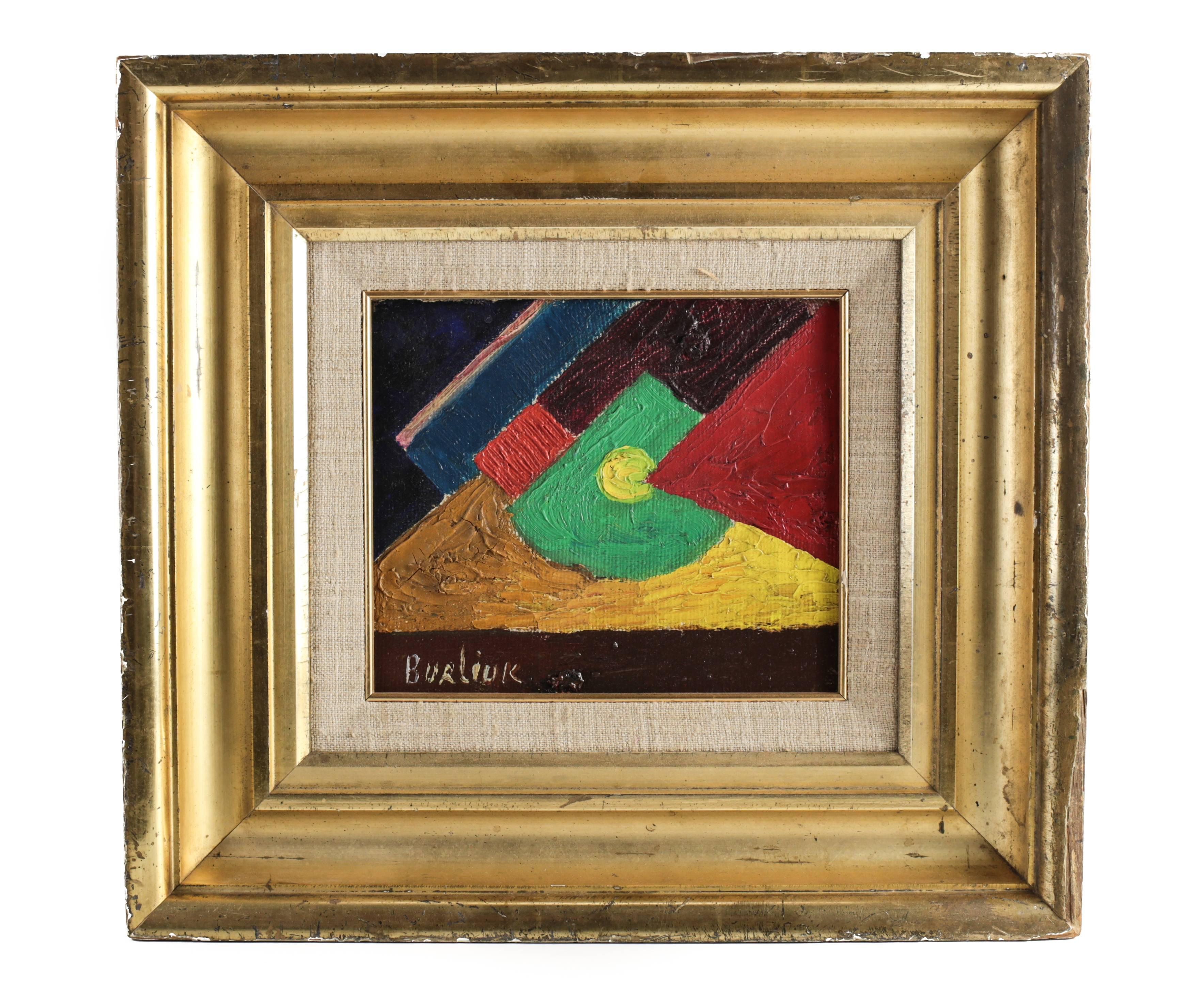 A colorful abstract futuristic painting by American/Ukrainian artist Vladimir Davidovich Burliuk (1882-1967). This small but bold oil on canvas composition incorporates highly influential elements of the futurist movement and to a lesser degree