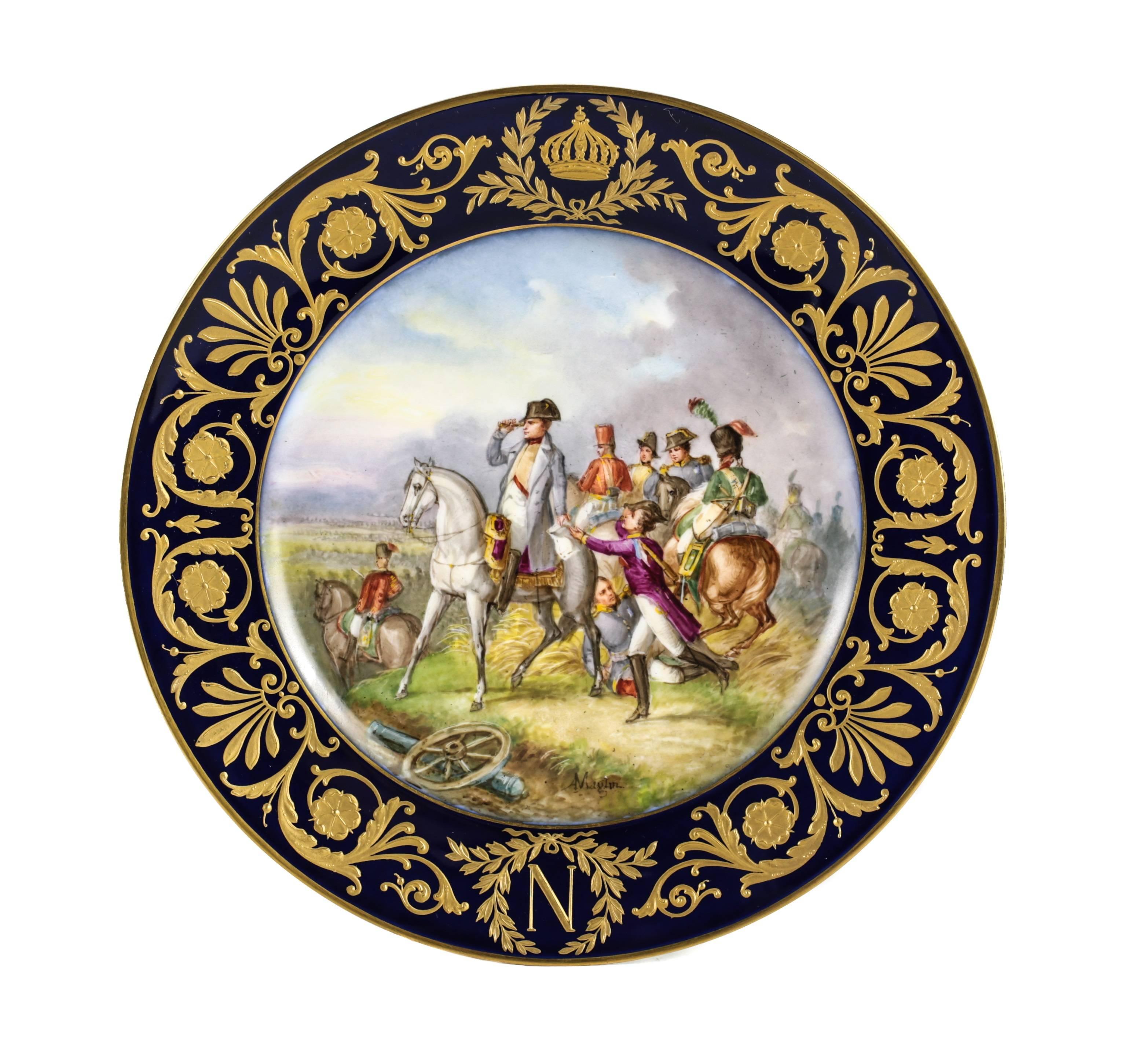 A nice set of eight hand-painted porcelain plates, each prominently depicting Emperor Napoleon I on horseback in various battle scenes. Rich and raised gilt borders, the 12 o'clock position with a crown and the 6 o'clock with the Napoleonic N. All