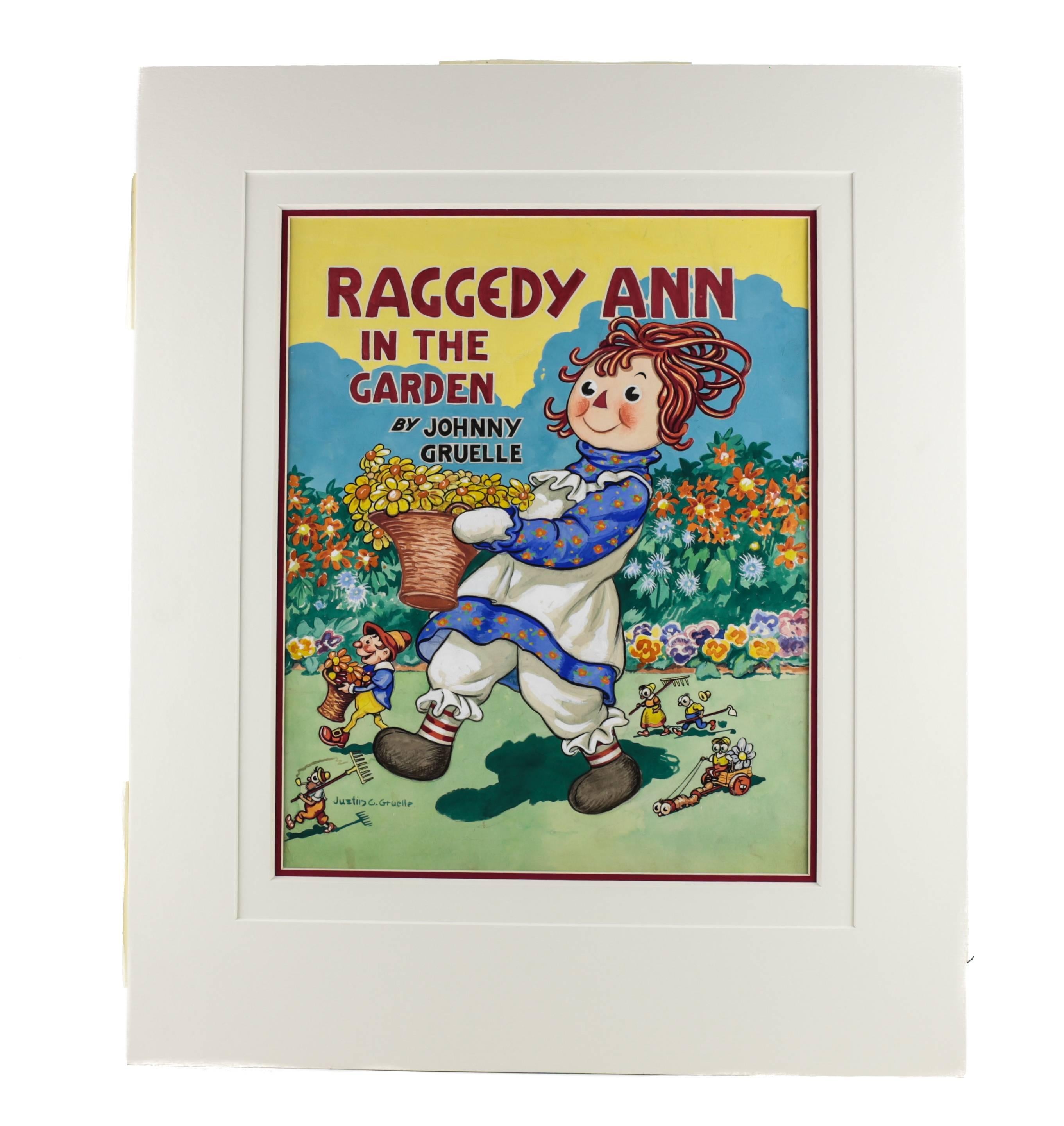 A colorful and vivid watercolor, pen and pencil by American artist Justin C. Gruelle (1889-1978) depicting a cheerful Raggedy Ann walking through a garden carrying a basket of yellow daisies. This illustration is the original front cover art for