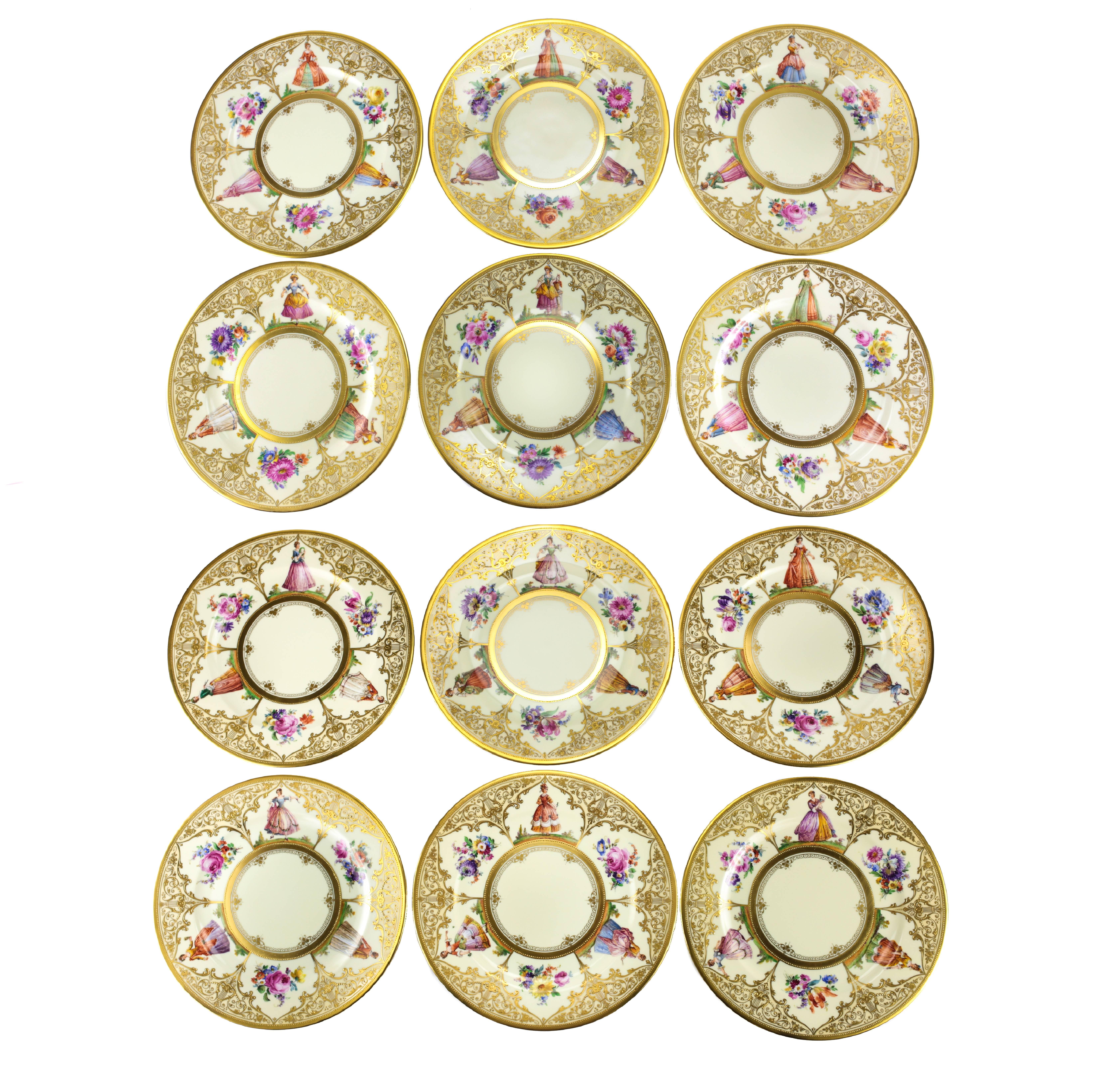 12 Dresden Hand-Painted Dinner Plates by Abrosius Lamm
