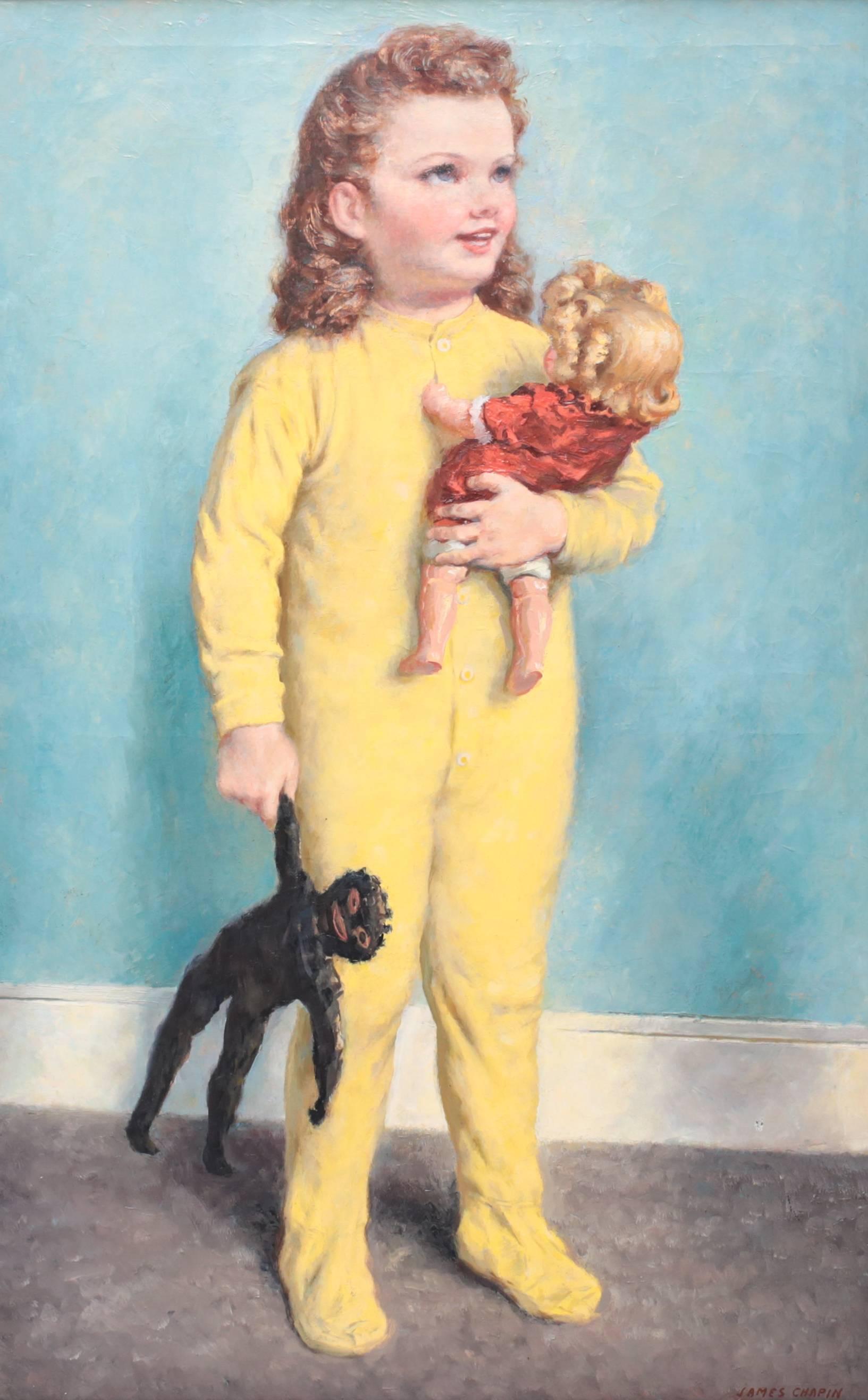 Darling oil on canvas portrait painting of a beautiful young child holding two dolls by American artist James Ormsee Chapin (1887-1975). Snug in her yellow pyjamas, she tightly cradles one doll and clutches onto the other as she smiling looks
