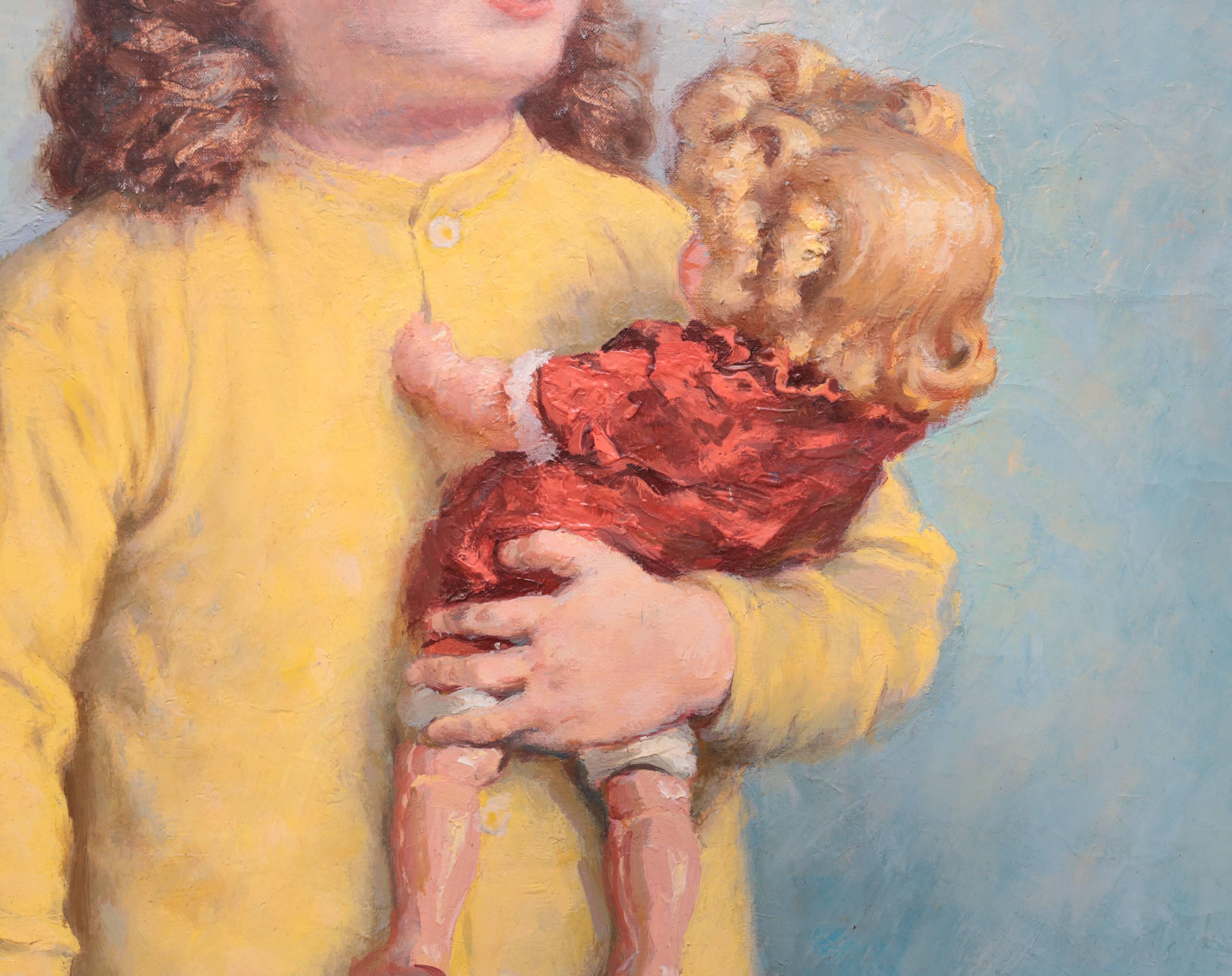 American Oil Painting of Young Girl with Two Dolls by James Chapin For Sale