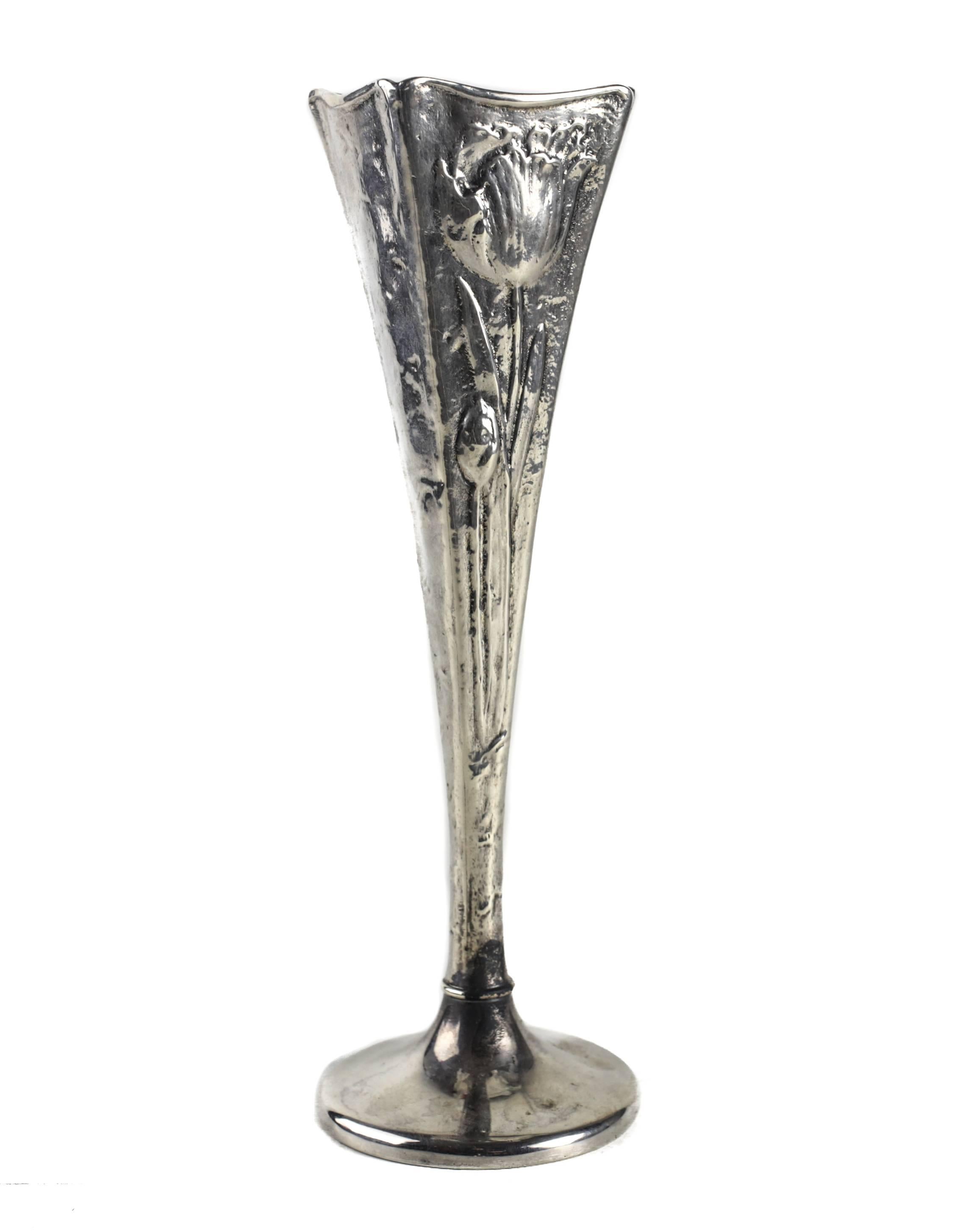 Sterling Silver Bud Vase with Enameled Tulips by Gorham Mfg. Co, 1897 In Good Condition For Sale In Pasadena, CA