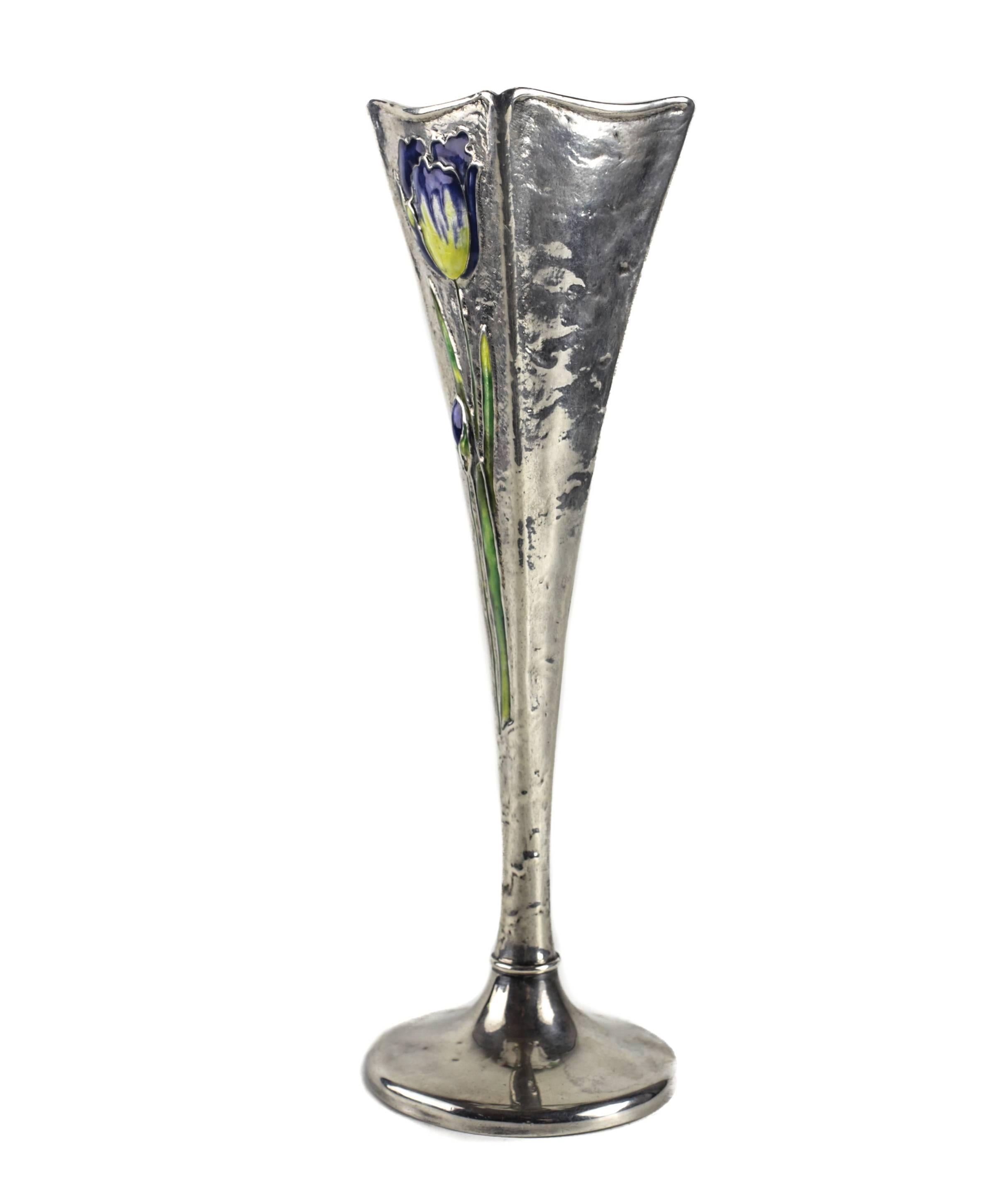 American Sterling Silver Bud Vase with Enameled Tulips by Gorham Mfg. Co, 1897 For Sale