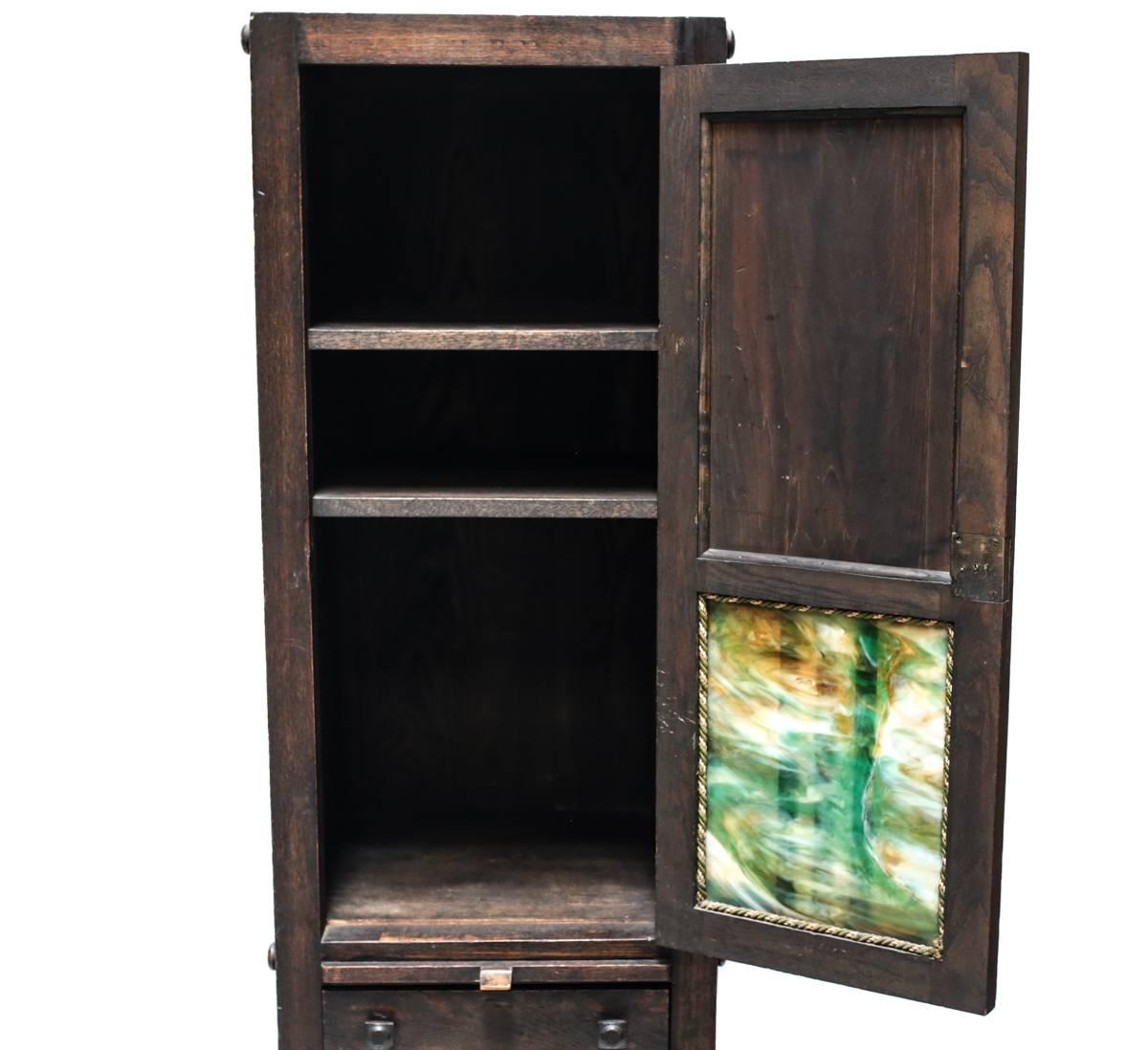 Arts and Crafts Charming American Arts & Crafts Narrow Cabinet with Slag Glass Panels For Sale