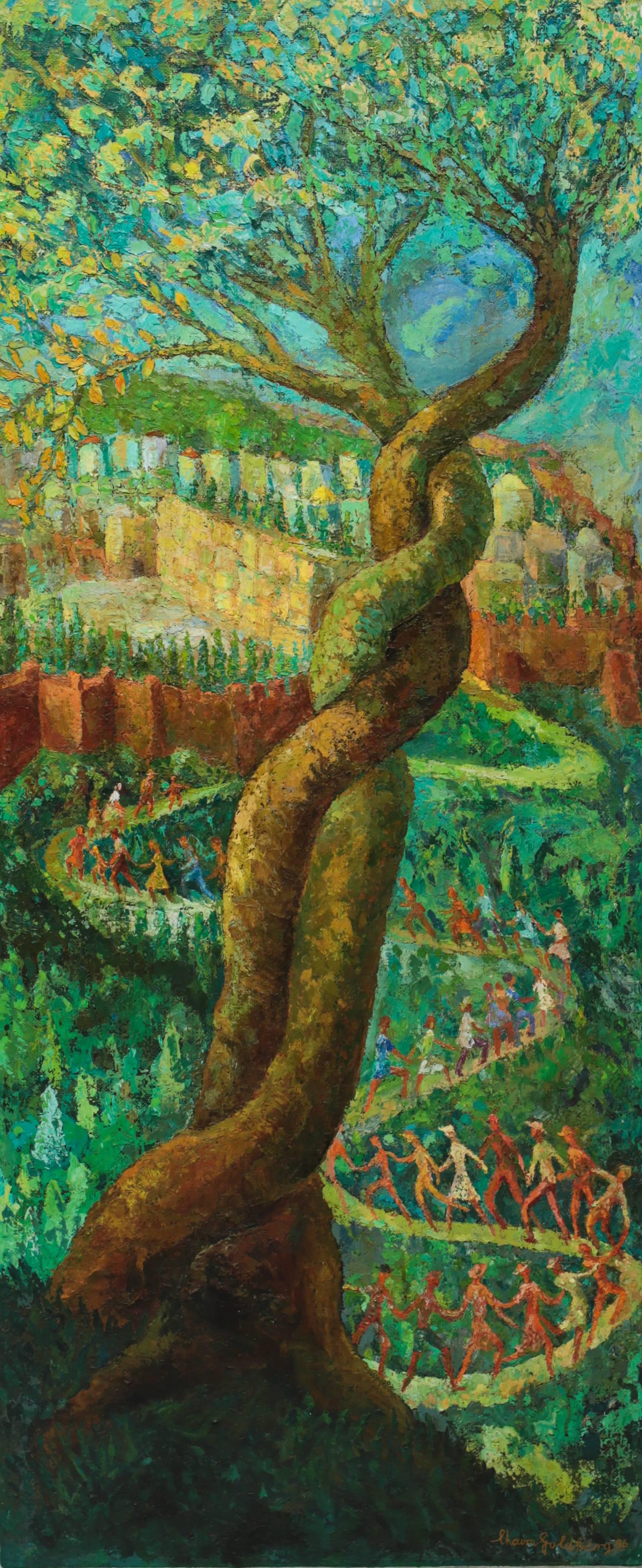A large oil on wood panel painting by Polish artist Chaim Goldberg. A large and vibrant tree flourishes in the foreground with a stream of colorful people holding hands as they seemingly dance their way down a winding path leading to the Waling Wall