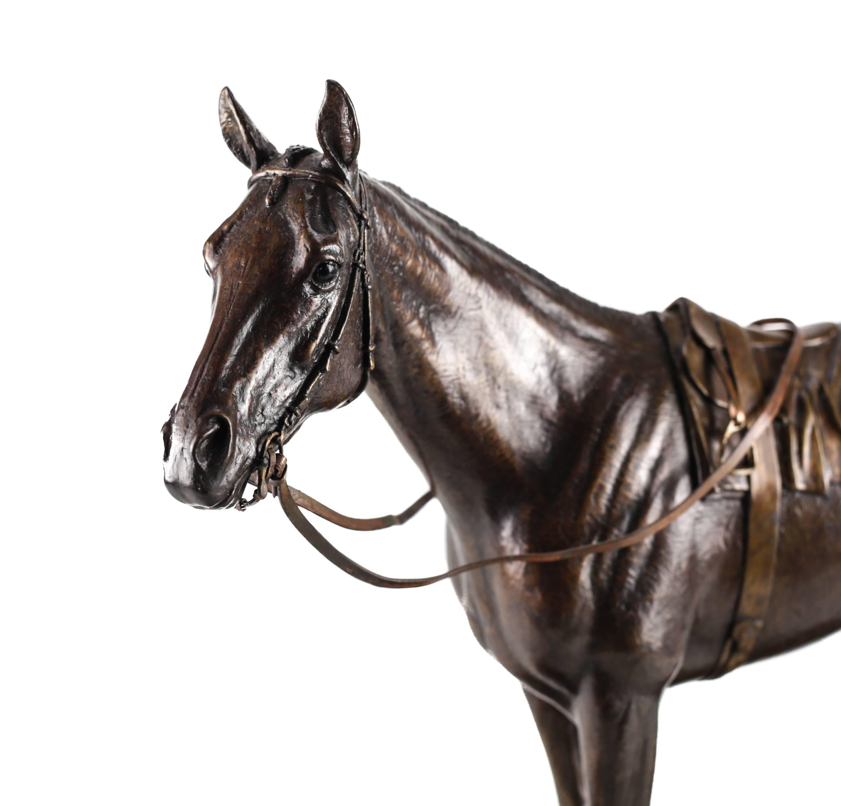 A realistically modeled patinated bronze sculpture of the 1980 Kentucky Derby winning thoroughbred race horse Genuine Risk by American artist Marilyn Newmark. 

This sculpture is an artist proof, having belonged to the artist herself and was