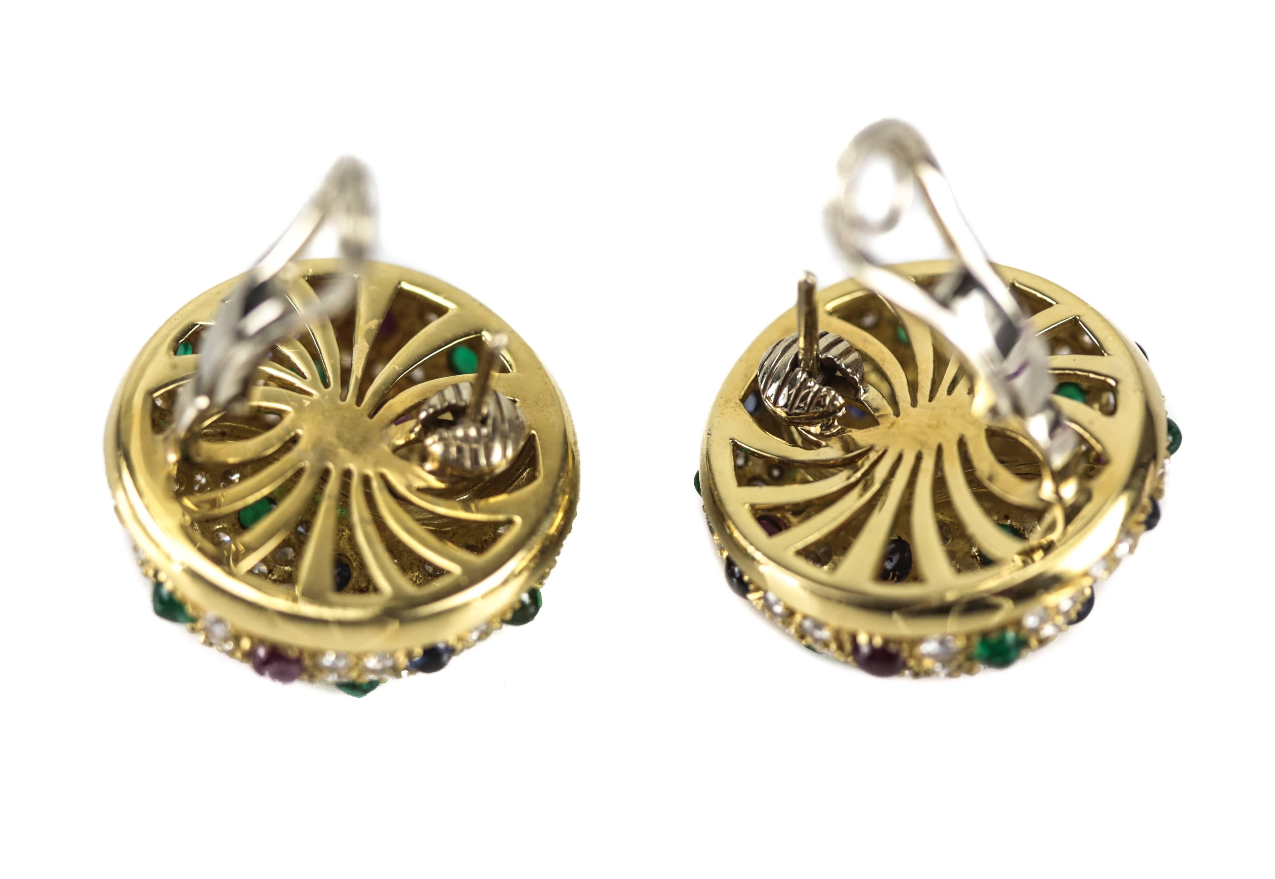 Picchiotti Diamond Emerald Sapphire and Ruby Domed Earrings In Excellent Condition For Sale In Pasadena, CA