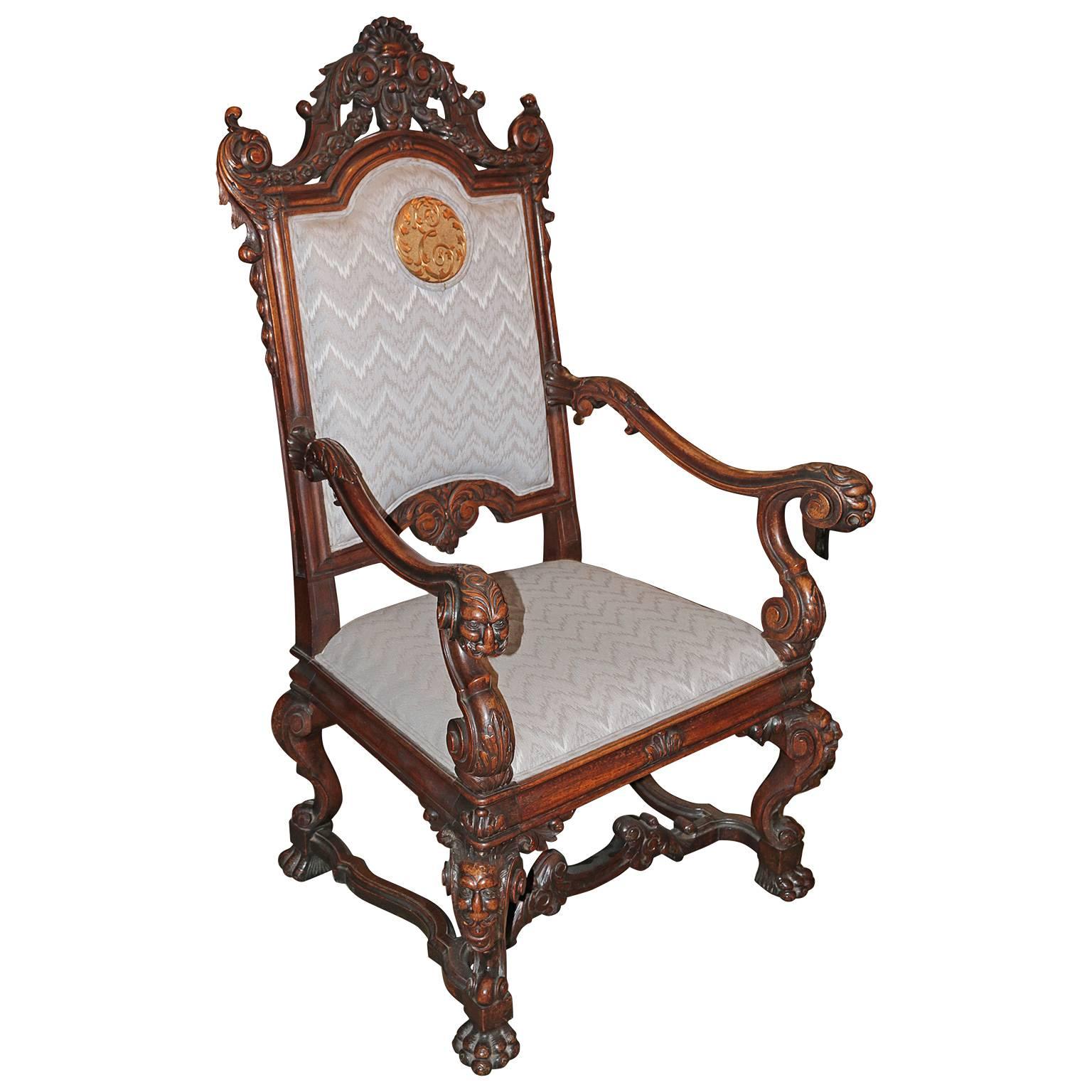 Spanish Hand-Carved Kings Chair with 24-karat Gold-Plated Bronze Emblem