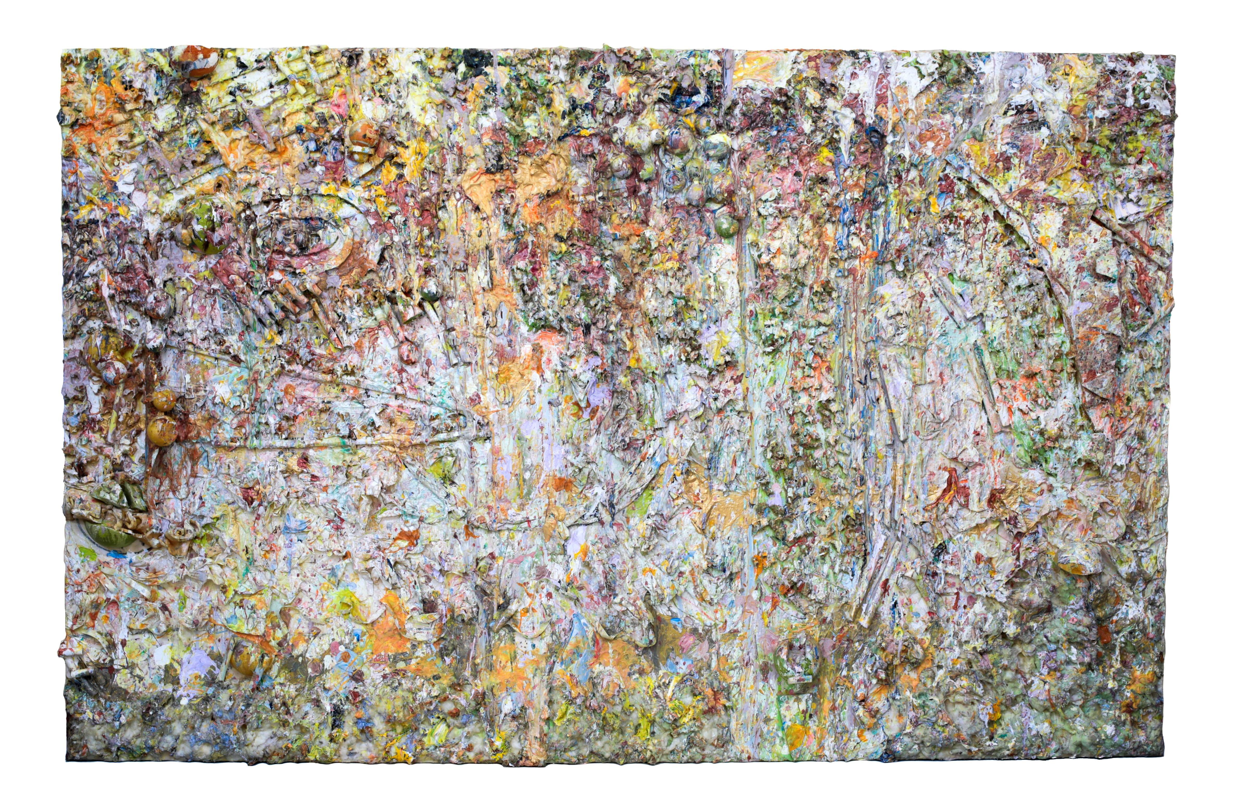 A massive abstract acrylic and mixed-media painting on canvas by Larry Poon (American, 1937-). Cut and applied foam, rolled and twisted cardstock, titled Retrieval. Signed and dated on the verso.

Currently oriented horizontally, with a width of