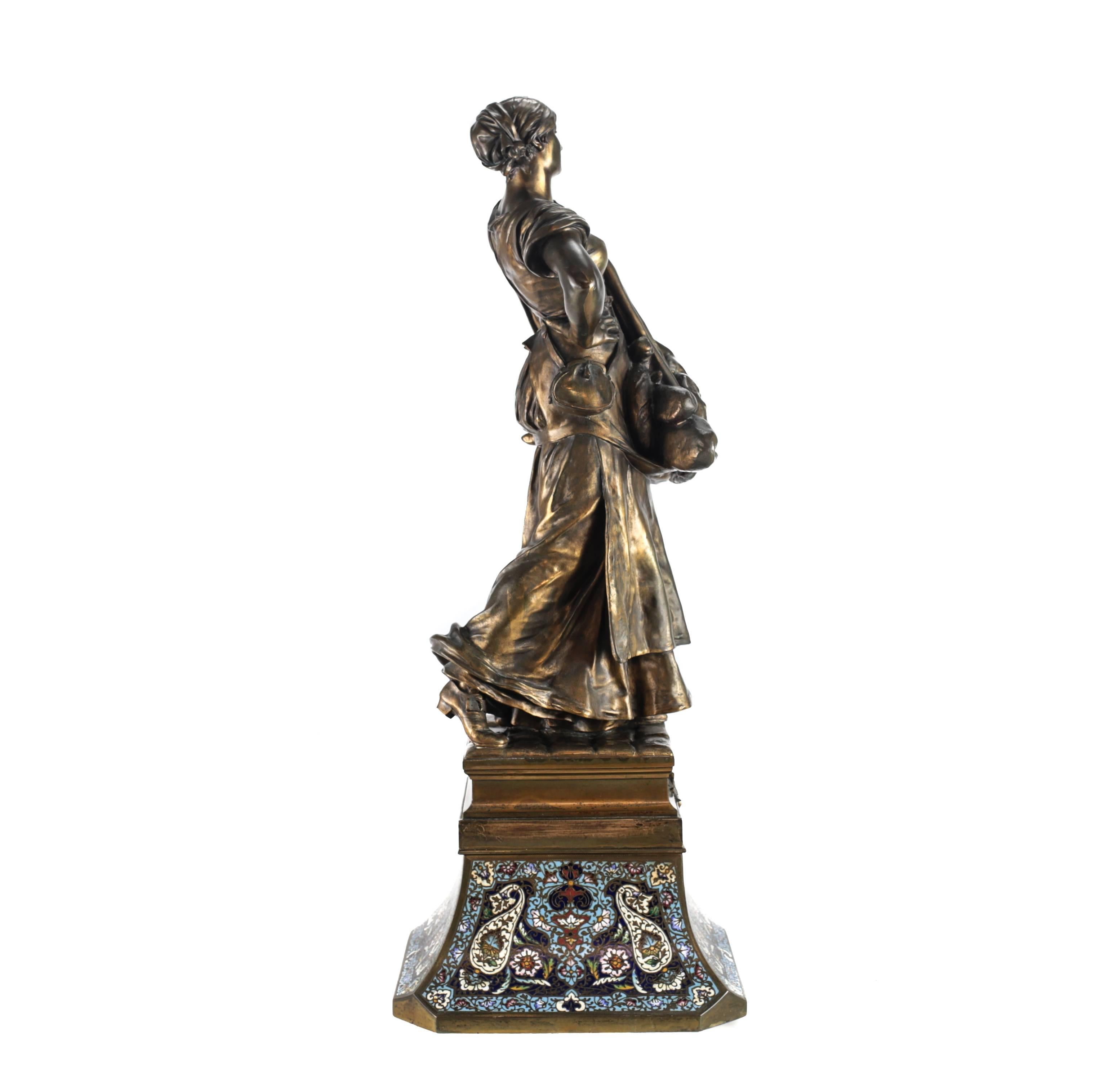 French 19th Century Bronze Sculpture of a Lady with Champleve Enamel Base For Sale