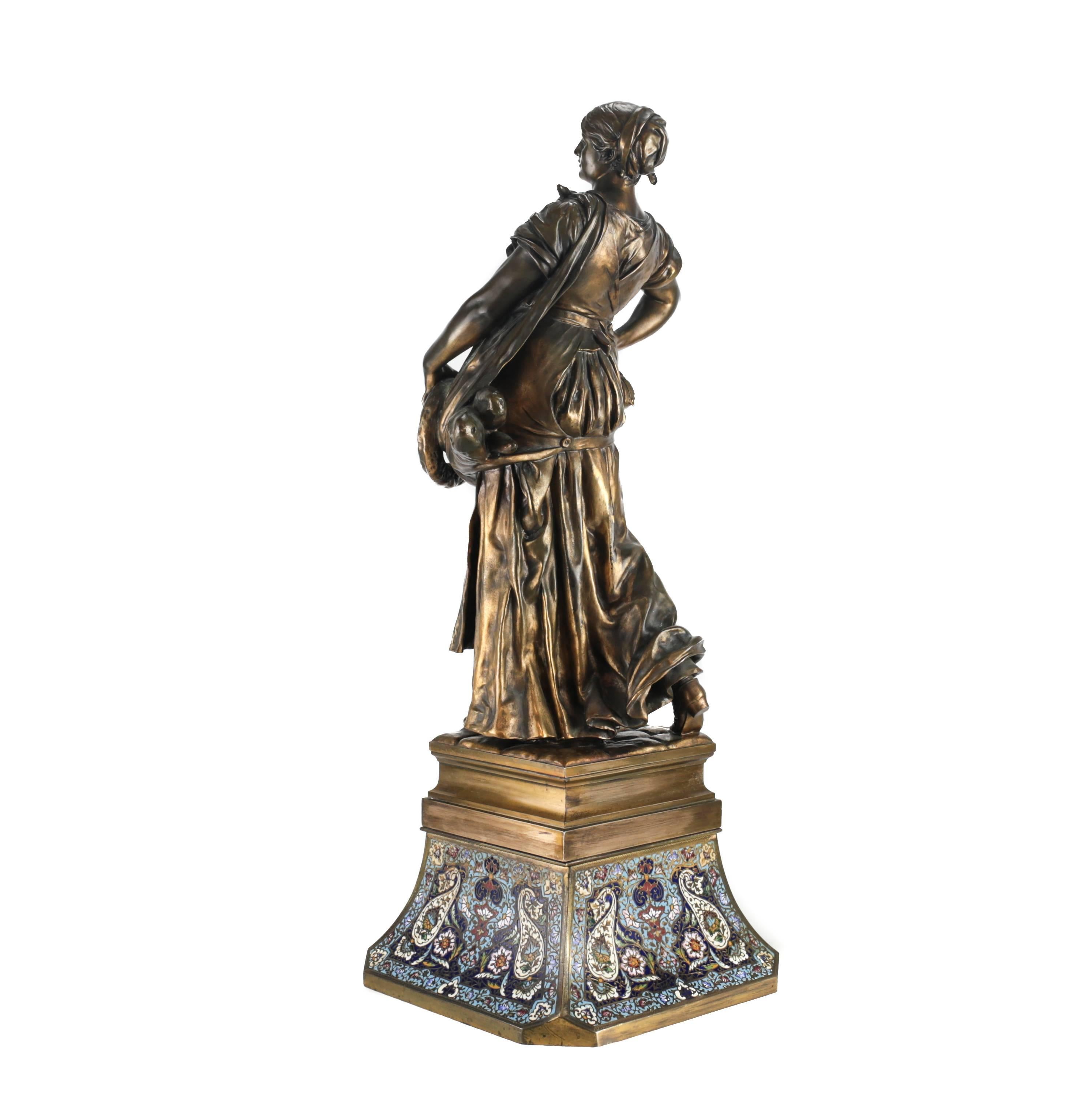 19th Century Bronze Sculpture of a Lady with Champleve Enamel Base In Excellent Condition For Sale In Pasadena, CA