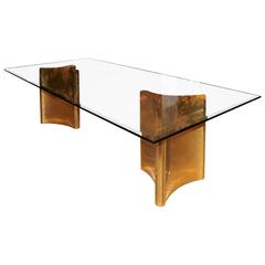 Double Brass Pedestal Dining Table with Beveled Glass by Mastercraft