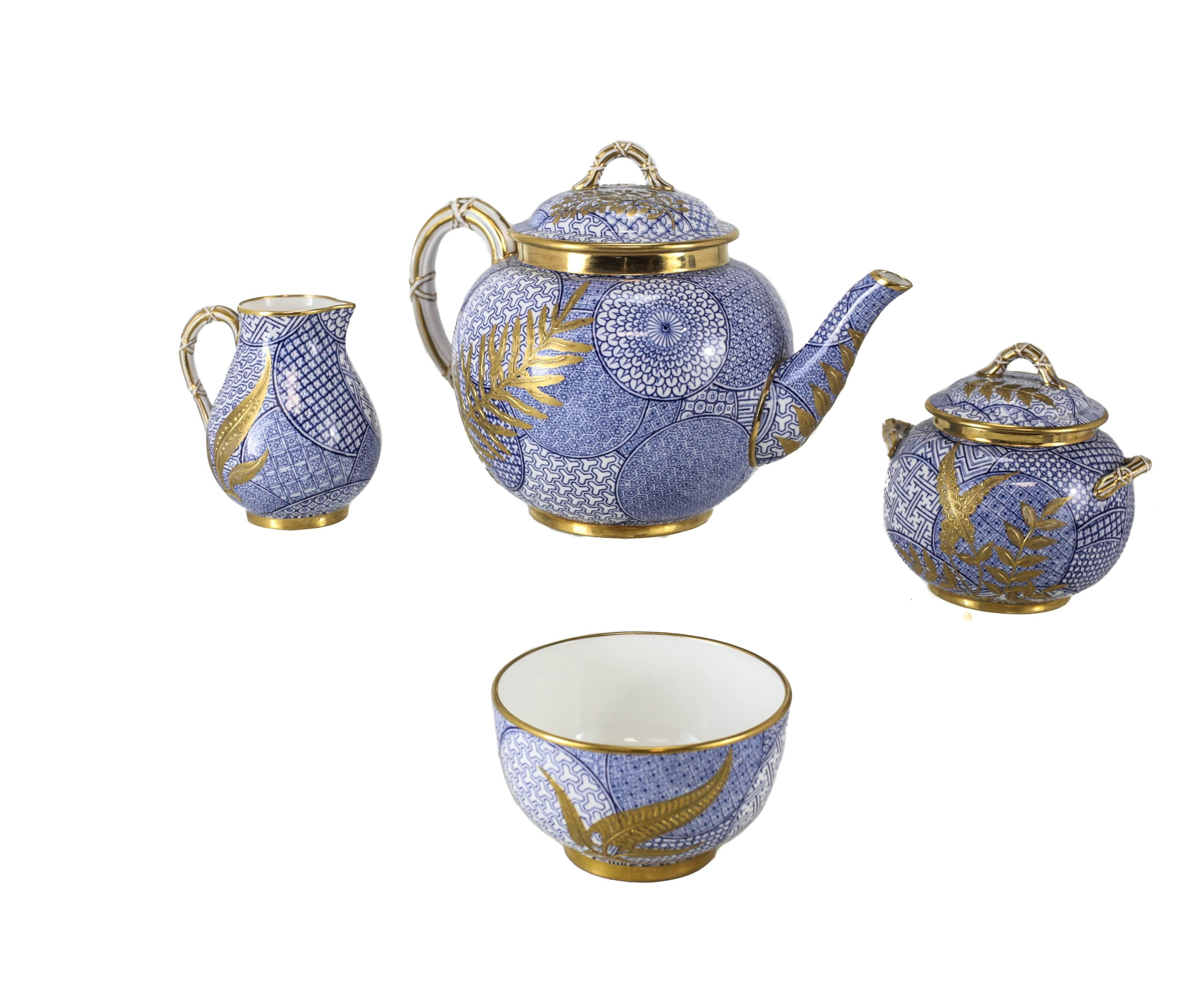 A striking 19th century English Porcelain tea service for four by Royal Worcester, with an all-over early aesthetic design incorporating various geometric patterns, overlay with raised gilt foliage and bamboo handles in the Japanese taste.

Two of