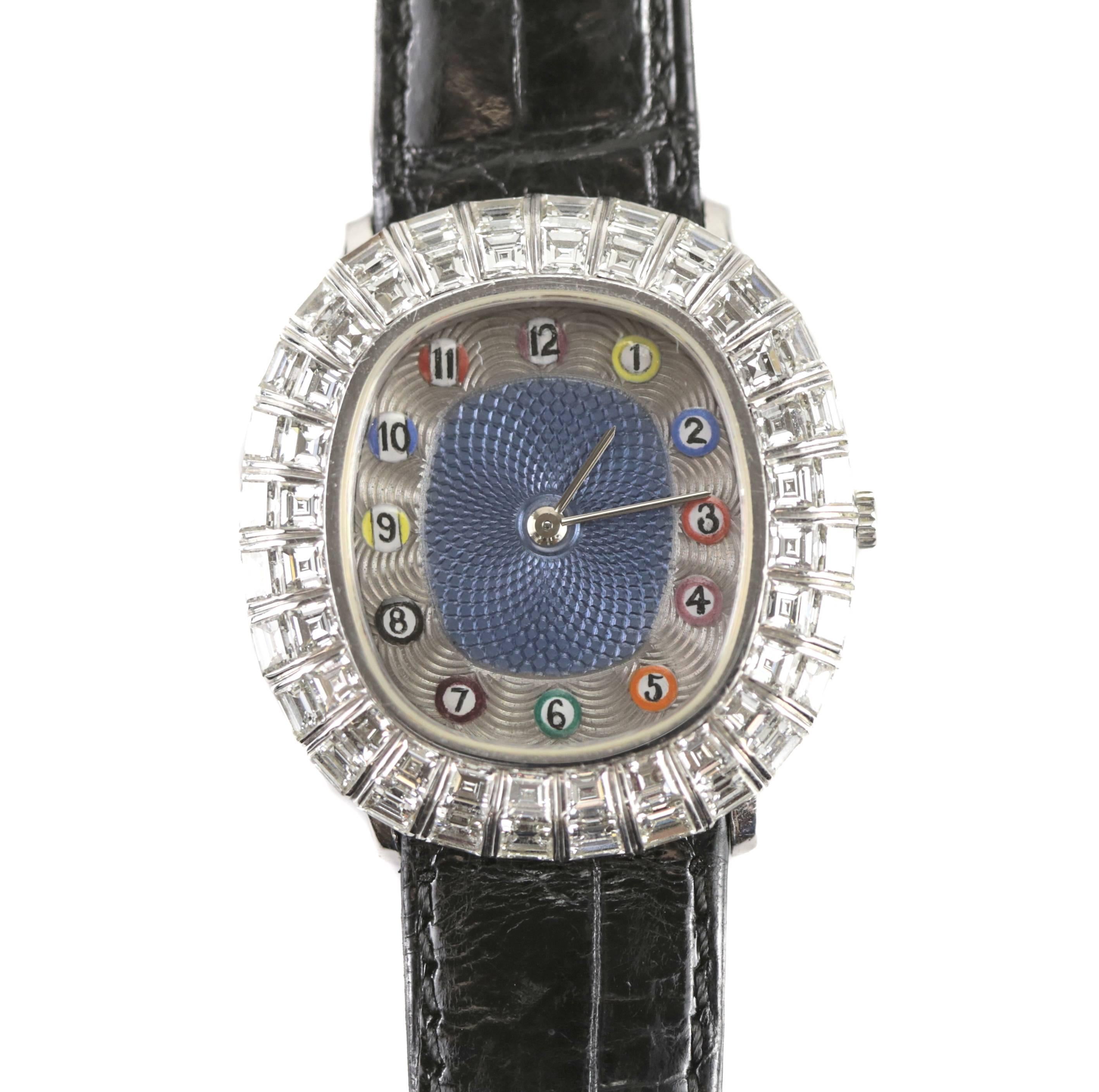 A fine limited edition 1/1 wristwatch by Audemars Piguet, D34442. A rare themed watch with the enamel numerals taking the form of POOL table or billiards balls. The bezel with blue engine turned enamel, engraved silvered chapter ring and Arabic
