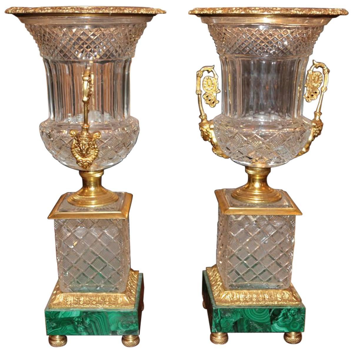 Neoclassical Style Cut Glass, Bronze and Malachite Urns
