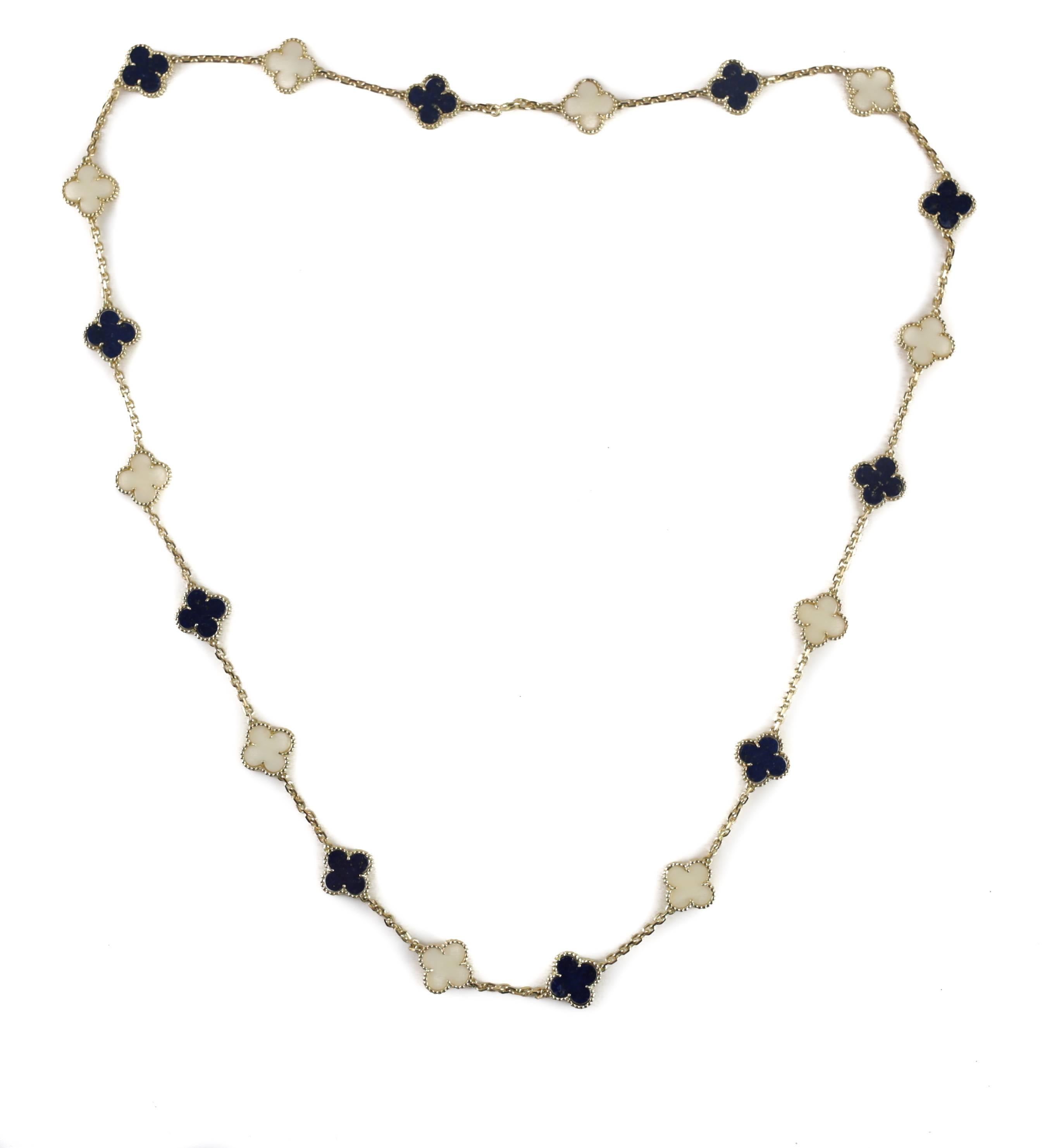 French Lapis Lazuli and White Coral 20 Motif Alhambra Necklace by Van Cleef & Arpels For Sale