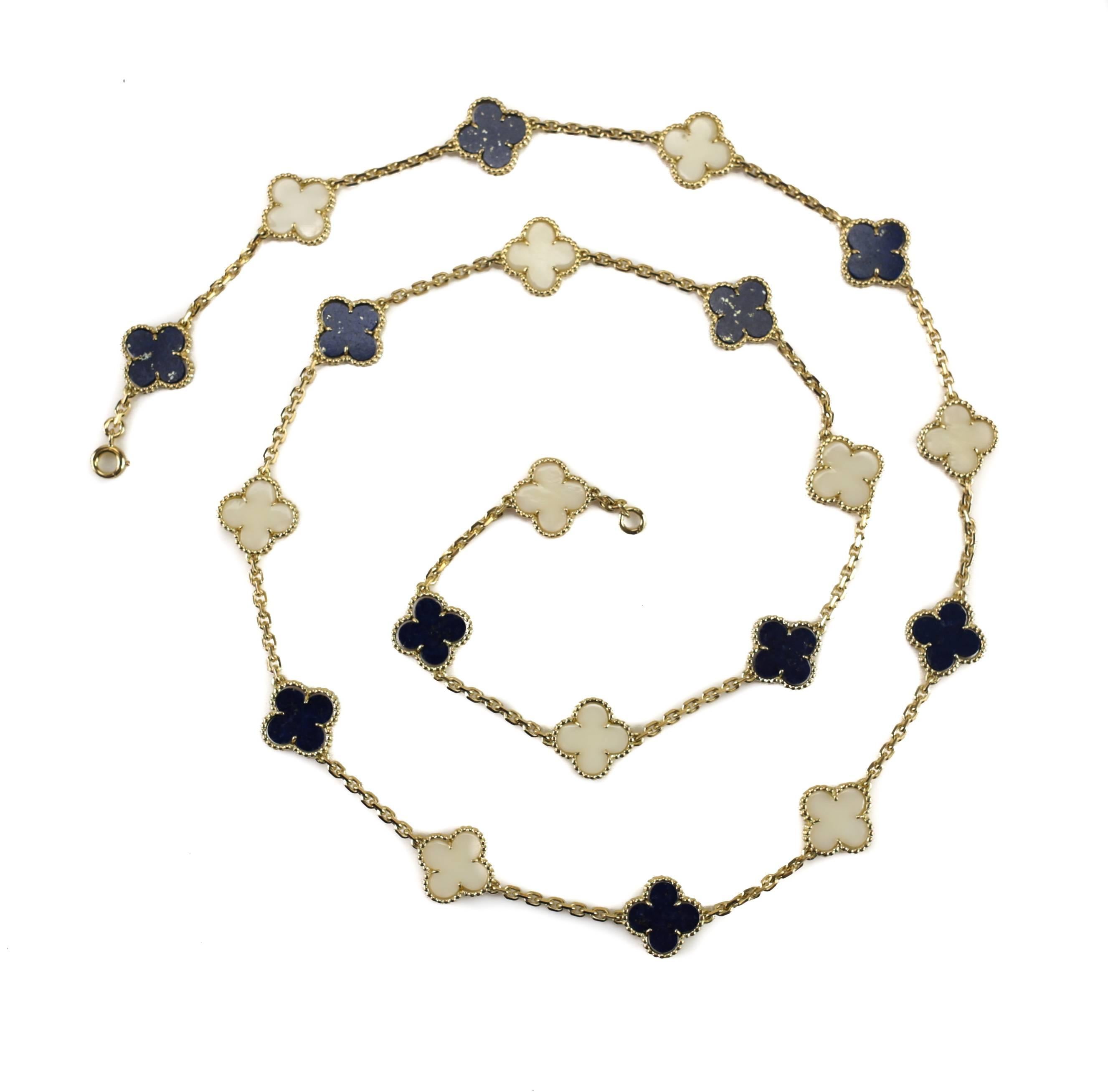 Lapis Lazuli and White Coral 20 Motif Alhambra Necklace by Van Cleef & Arpels In Excellent Condition For Sale In Pasadena, CA