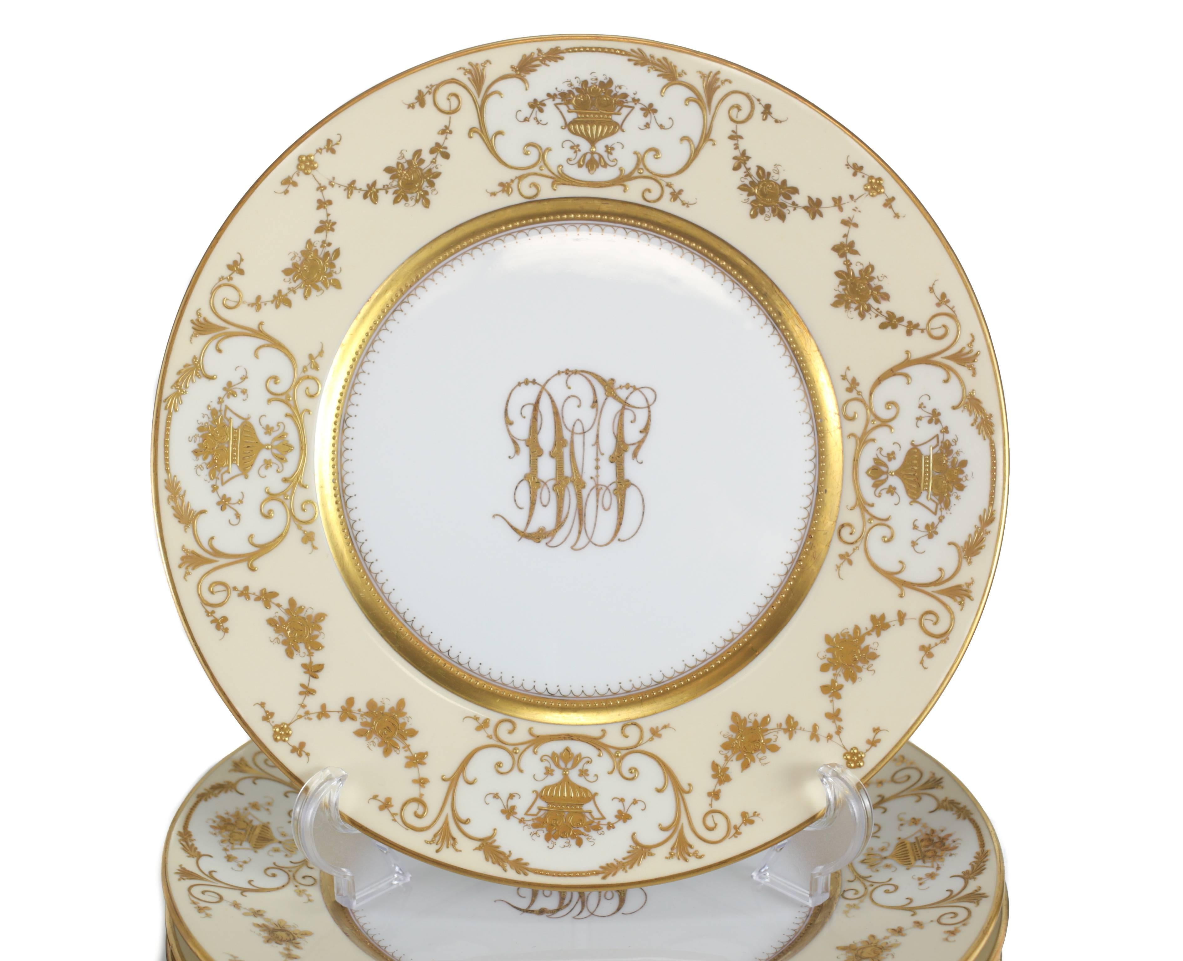A lovely dinner service for twelve by Dresden, Germany consisting of 12 dinner plates, 12 salad plates and 12 bread and butter plates. The plates are manufactured by Rosenthal of Selb-Bavaria and were designed and painted by Dresden in Germany. Each