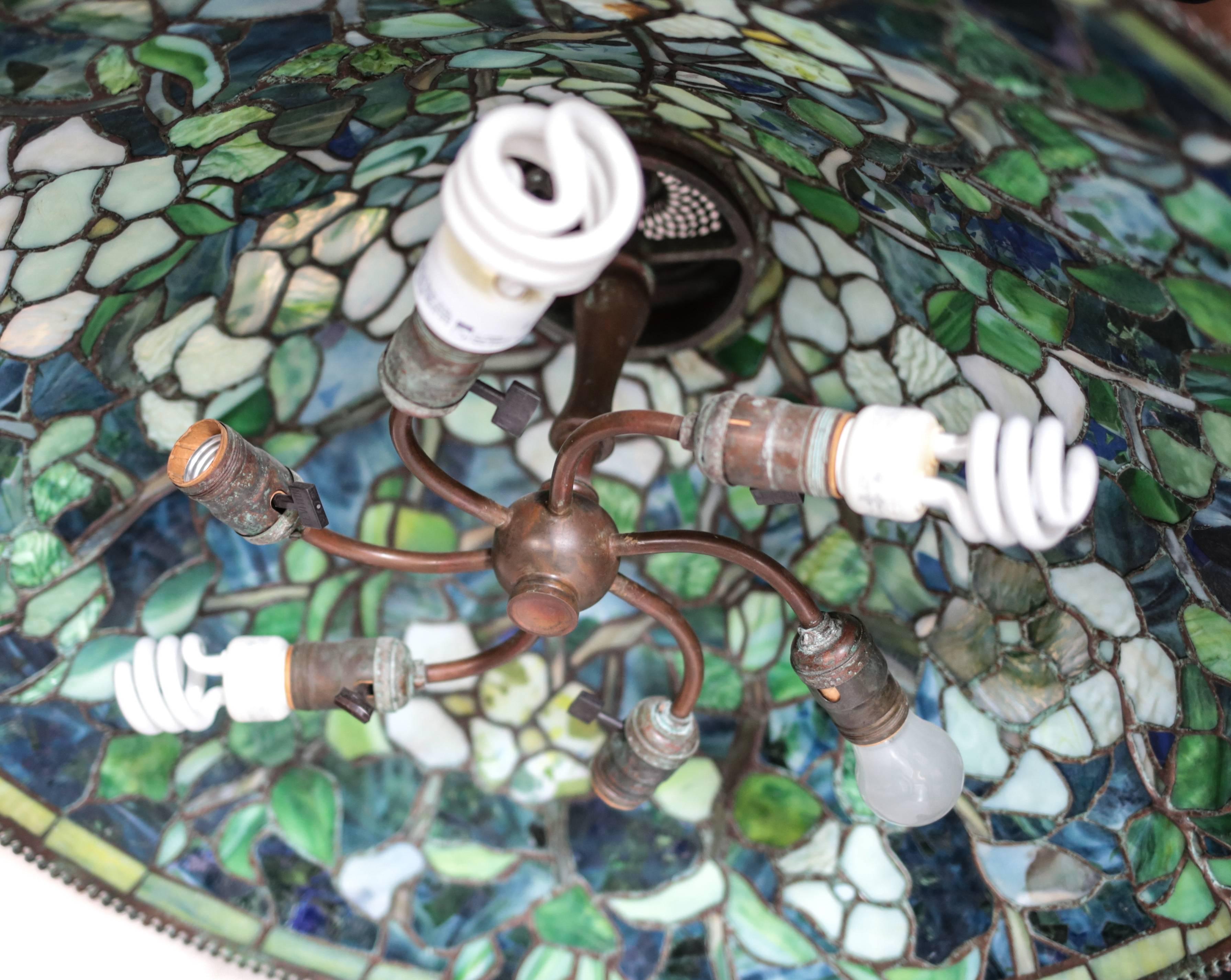 Tiffany Studios Reproduction Stained Glass Mosaic Chandelier by Paul Crist In Excellent Condition In Pasadena, CA