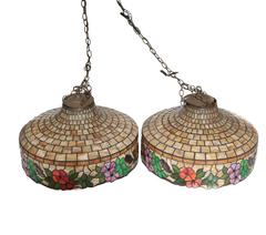 Pair of Stained Leaded Glass Chandeliers for Billiards Pool Table Lighting