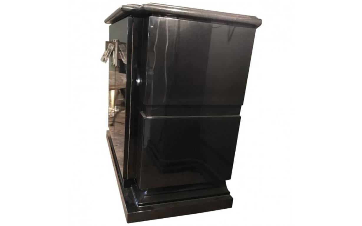 Mid-Century Modern High-Style Lacquered Wood, Acrylic and Patinated Metal Two-Door Cabinet For Sale