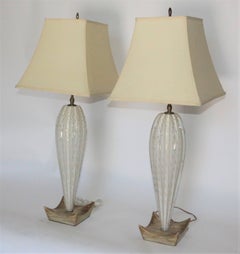 Pair of White Mid-Century Murano Lamps with a Unique Wooden Base and Gold Accent