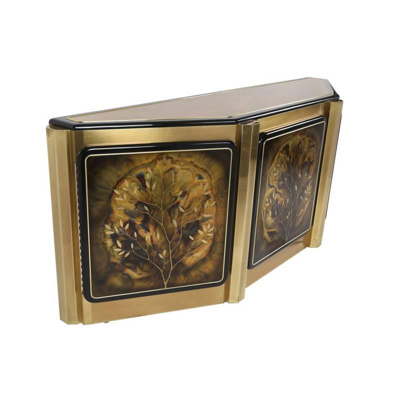 Black lacquer and brass cabinet with artisan applied metal tree motifs in door fronts. Bernhard Rohne for Mastercraft. Etched brass by Bernhard Rohne from Mastercraft.