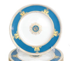 12 Wedgwood Porcelain Dinner Plates in Columbia Raised Gilt & Powder Blue
