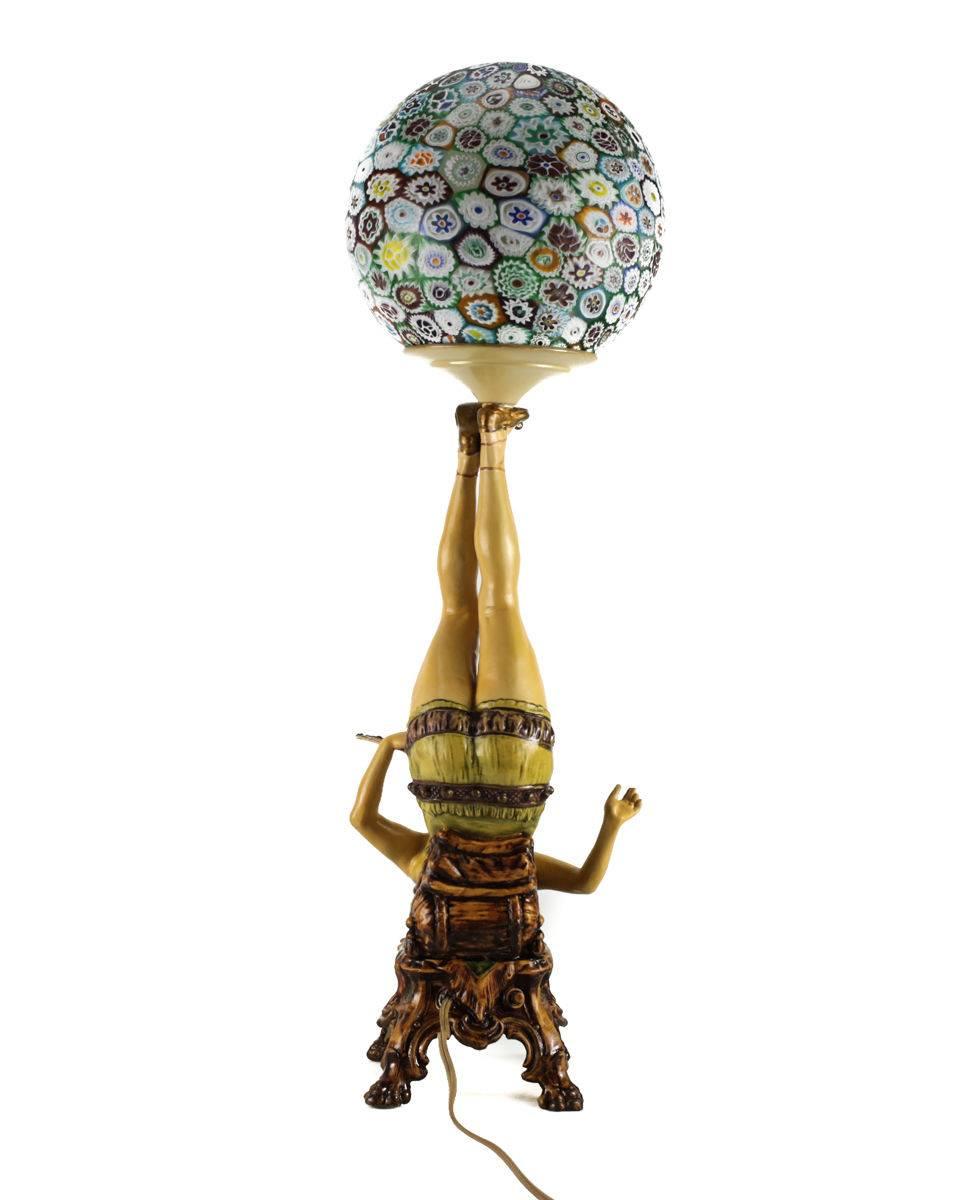 Art Deco Polychrome Figural Burlesque Dancer Lamp with Millefiori Shade In Good Condition In Pasadena, CA