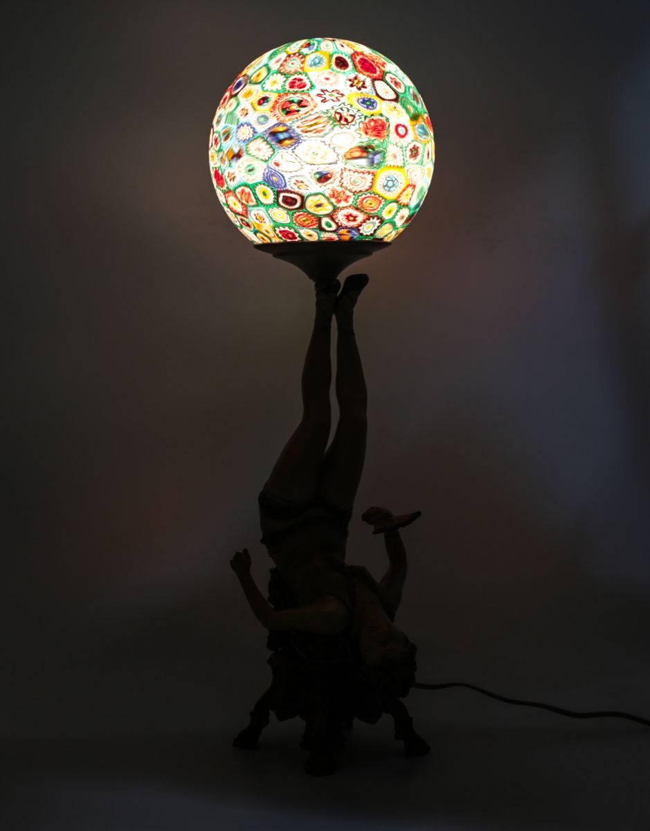Early 20th Century Art Deco Polychrome Figural Burlesque Dancer Lamp with Millefiori Shade