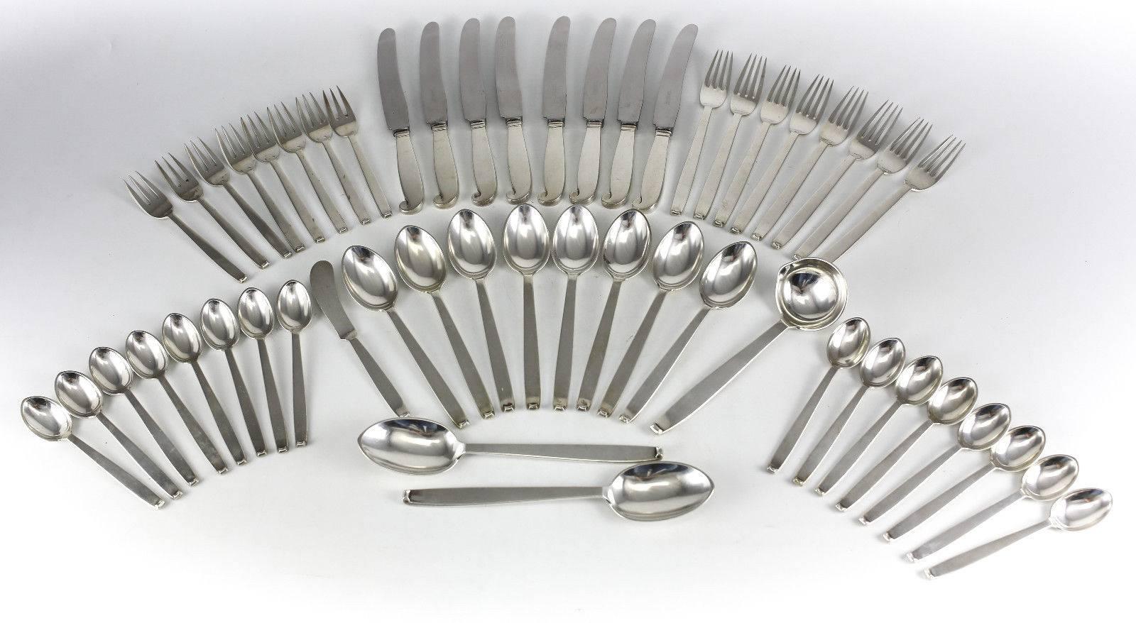 Mid-20th Century Five-Piece Flatware Service for Eight by Evald Nielsen Danish Silver, Pattern 29 For Sale